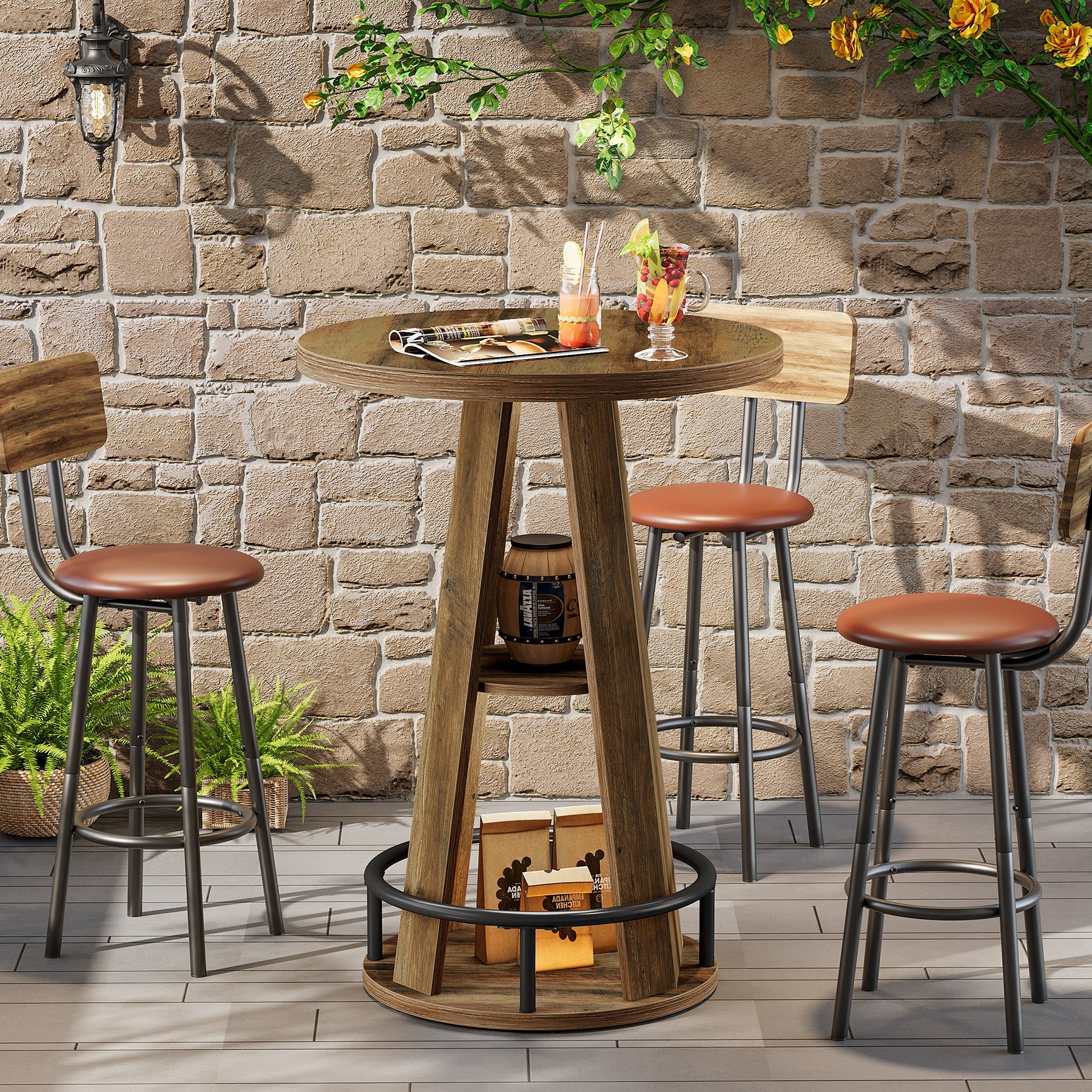 Tribesigns Mesa redonda de bar de 100 cm con almacenamiento, Mesa de bistró de estilo industrial para sala de estar, bar y espacios pequeños
