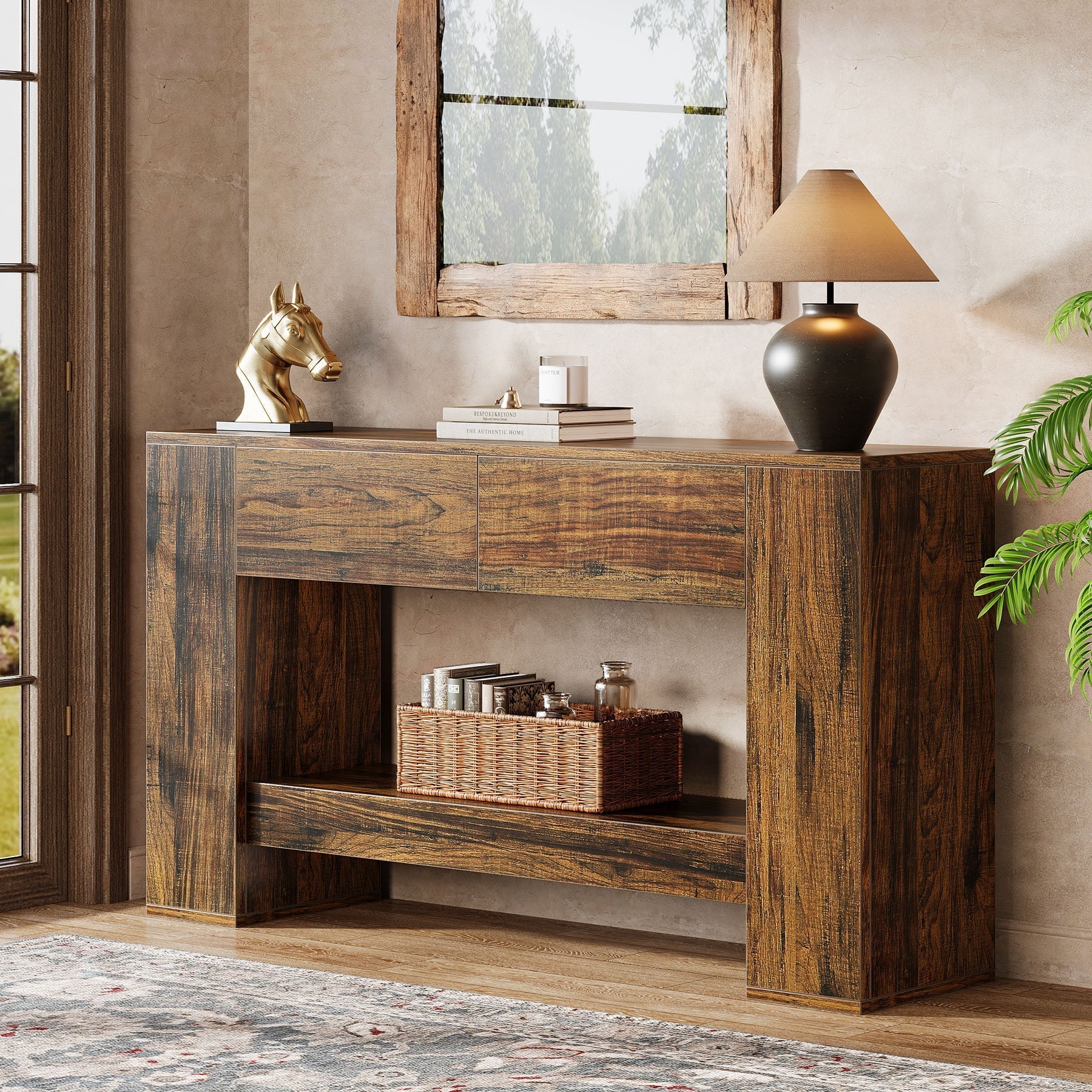 Tribesigns Consola de 140 cm, Mesa de sofá de madera de 2 niveles con 2 cajones