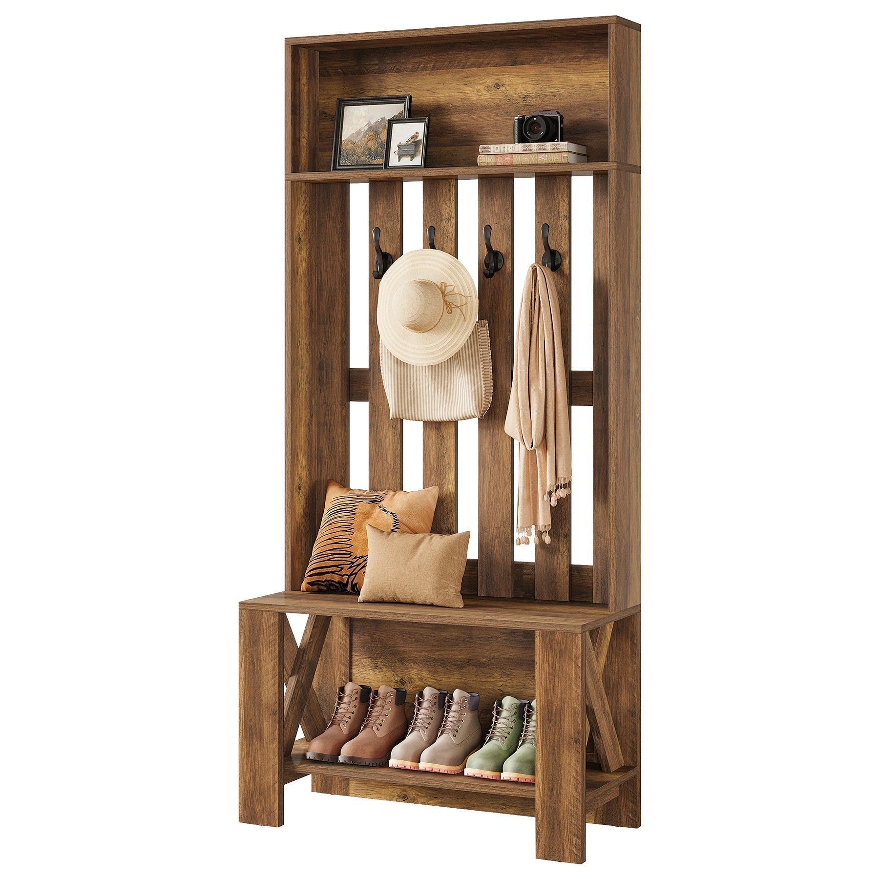Mueble de recibidor de 180 cm con banco y espacio para guardar zapatos, Perchero estrecho con ganchos para recibidor y entrada