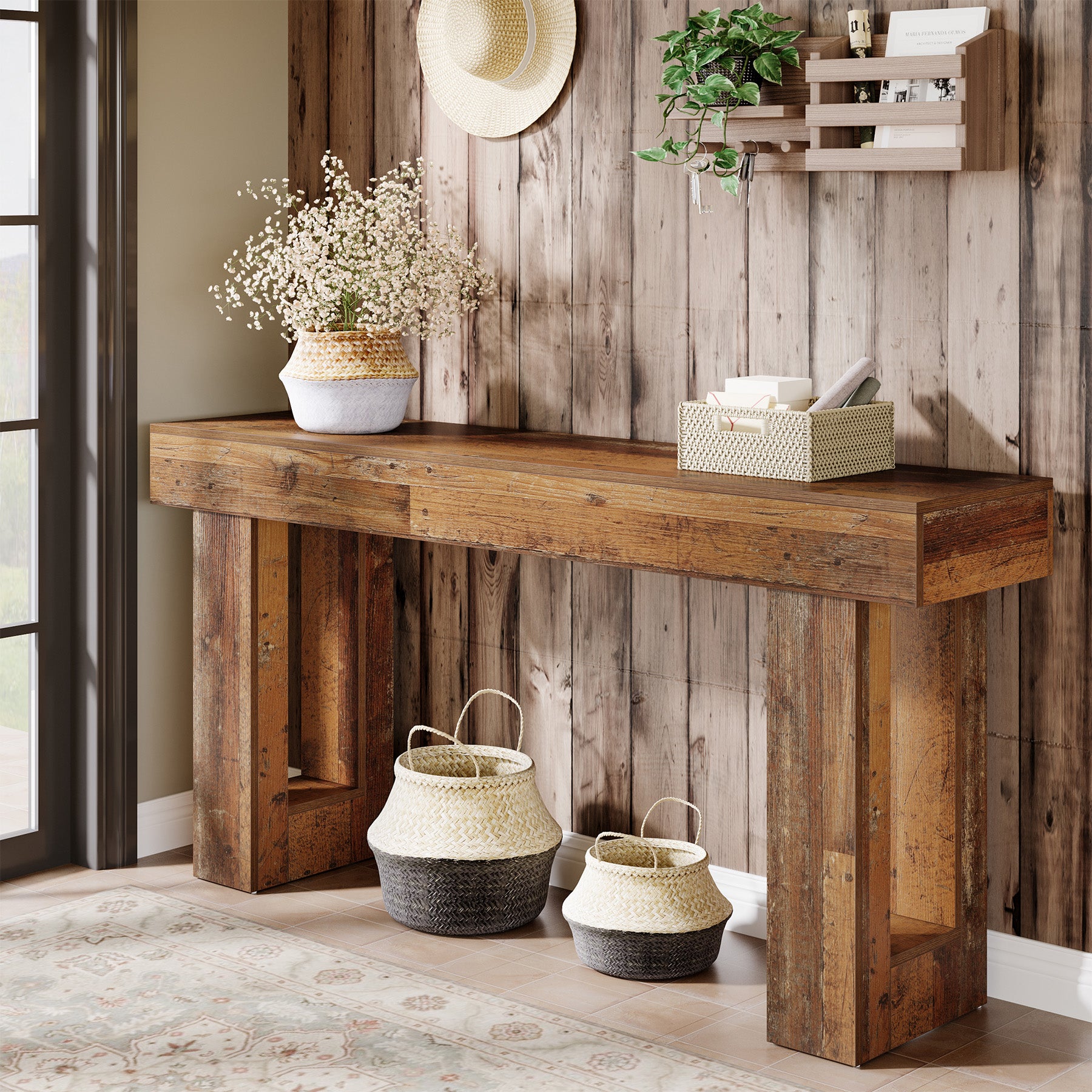 Tribesigns Mesa consola de 160 cm, Mesa de sofá de madera de estilo rústico Mesa de entrada