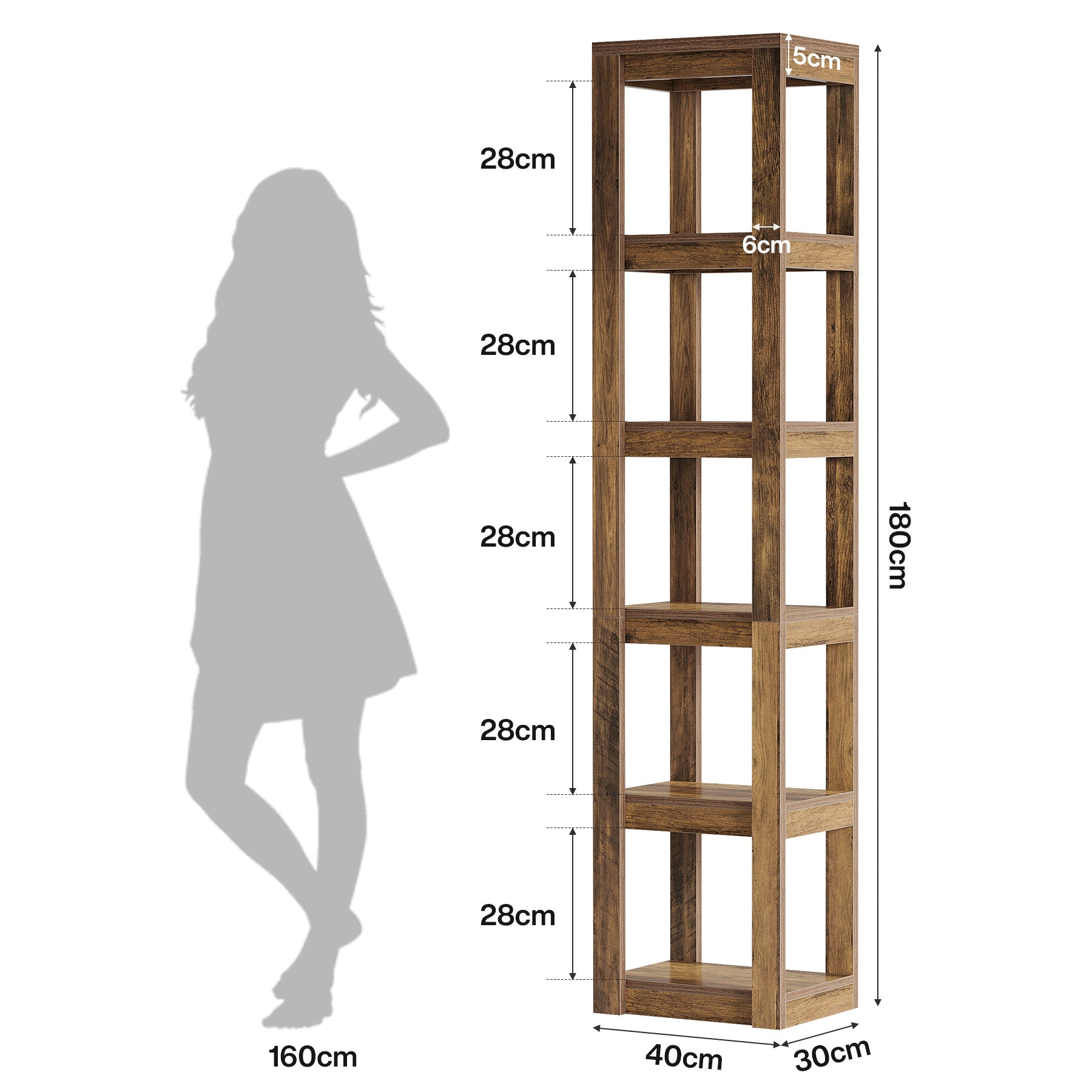 Tribesigns Librería esquinera de 180 cm con 6 niveles en marrón rústico para oficina en casa y salón