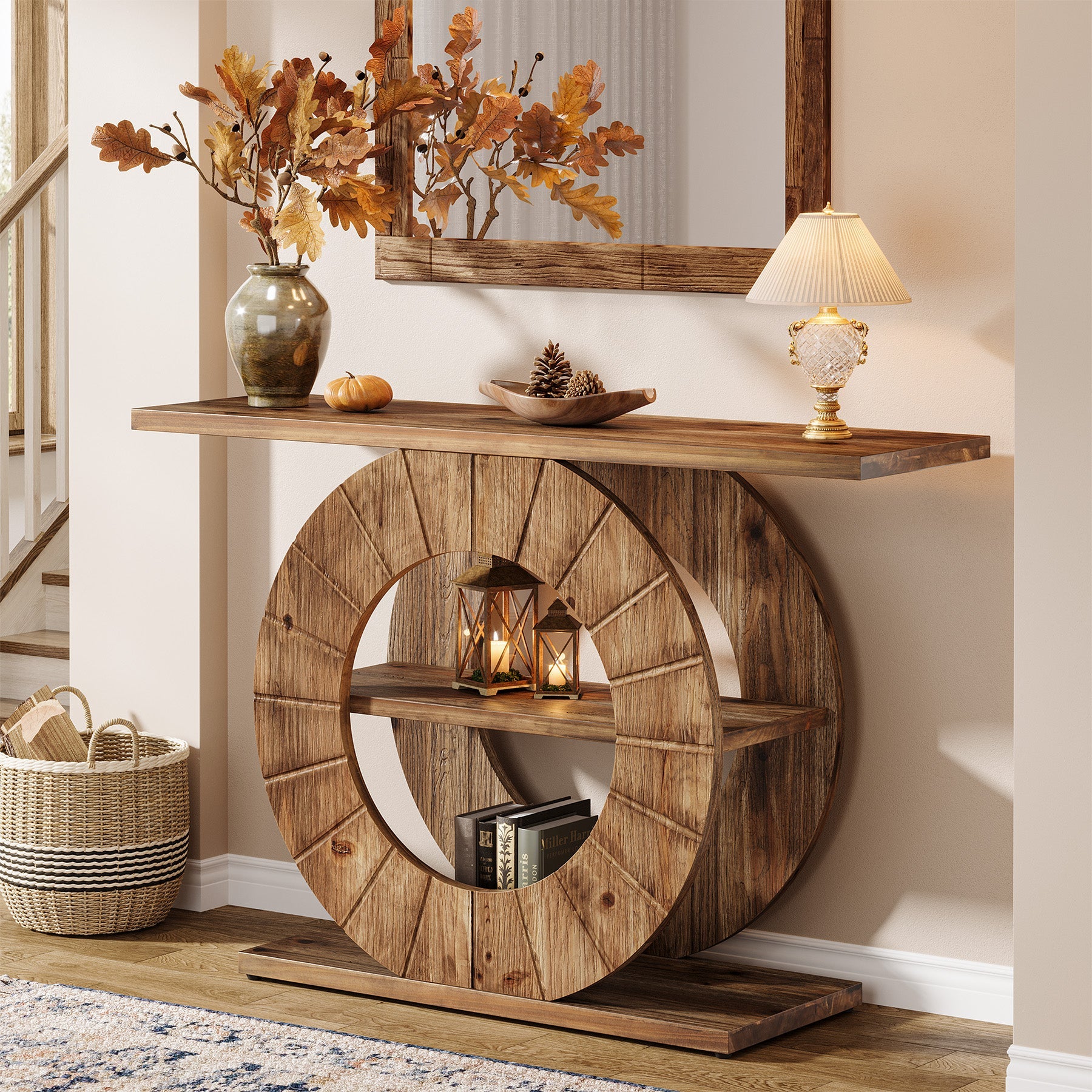 Tribesigns Consola de madera maciza de 105 cm con 3 estantes, Consola estrecha para pasillo de estilo rústico