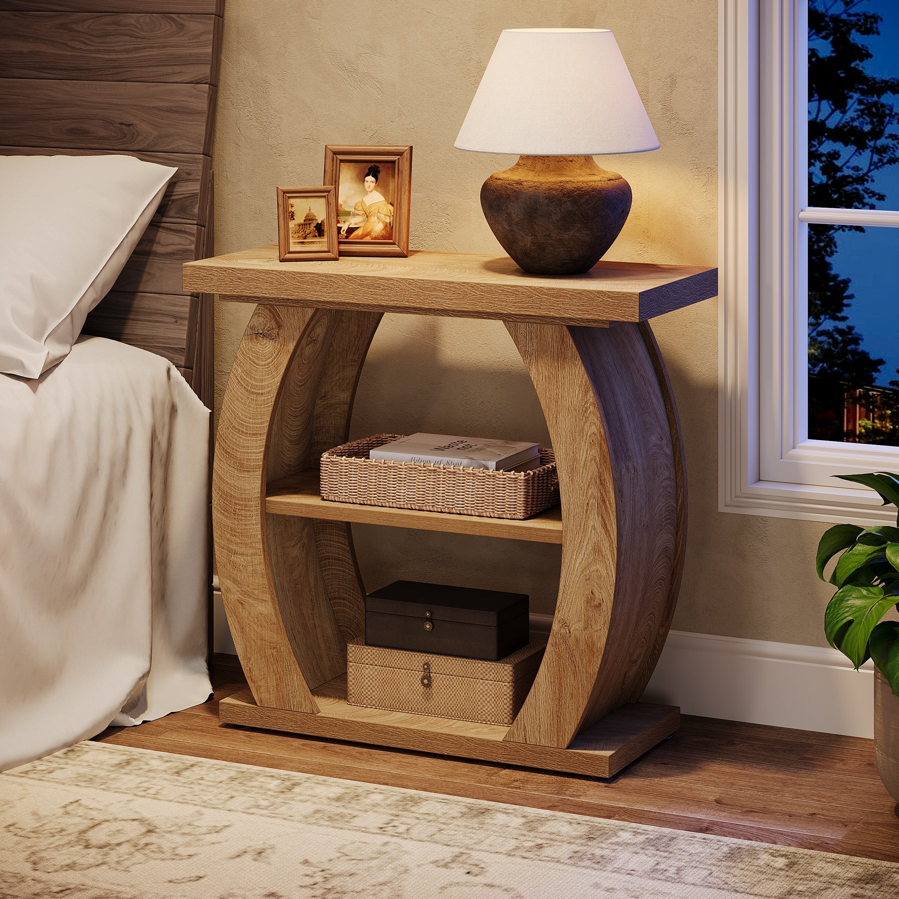 Tribesigns Mesita auxiliar estrecha de 65 cm con 3 niveles de almacenamiento, Mesita de noche rústica con estructura curva