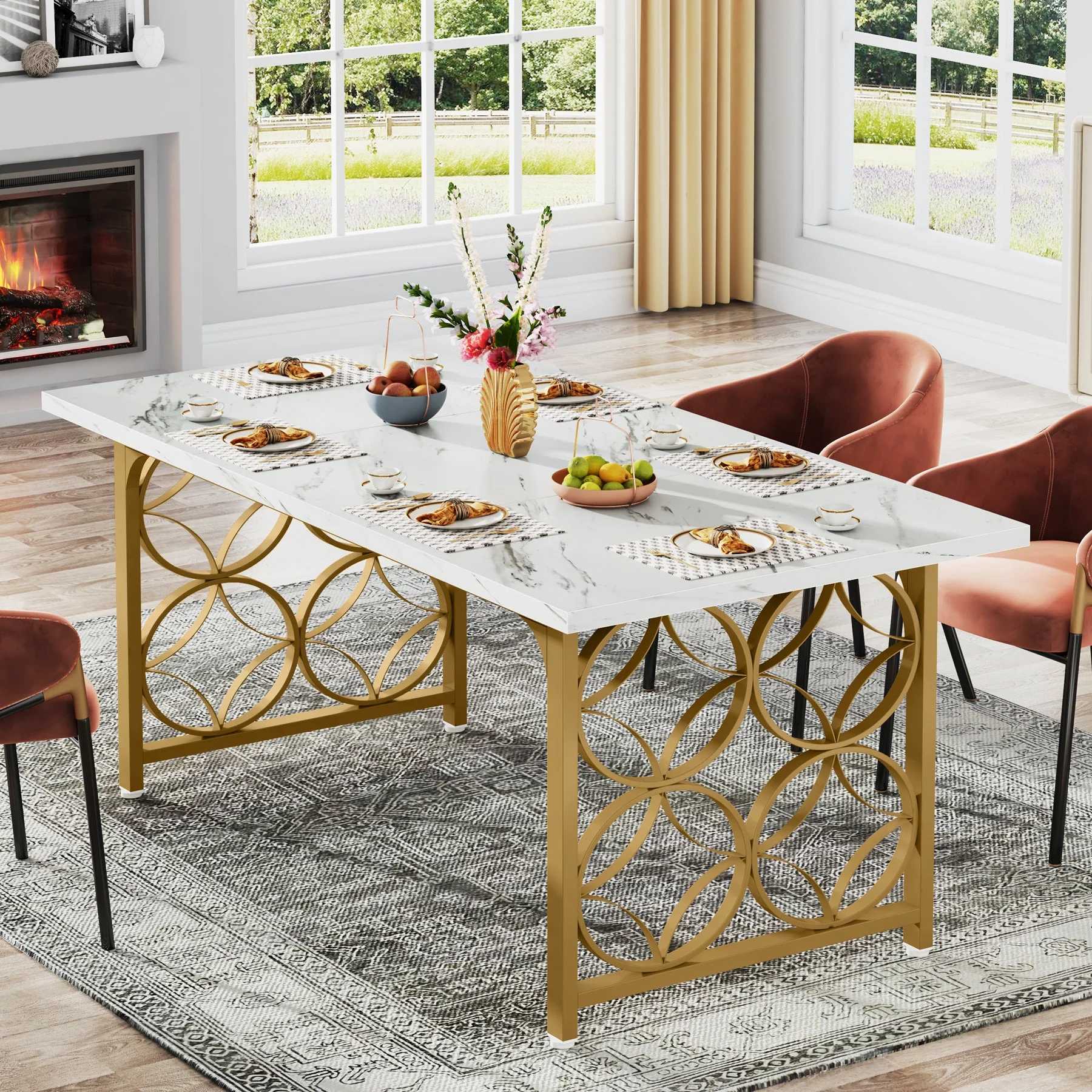 Tribesigns Mesa de comedor de 160 cm, Mesa de cocina moderna de mármol artificial para 6 personas