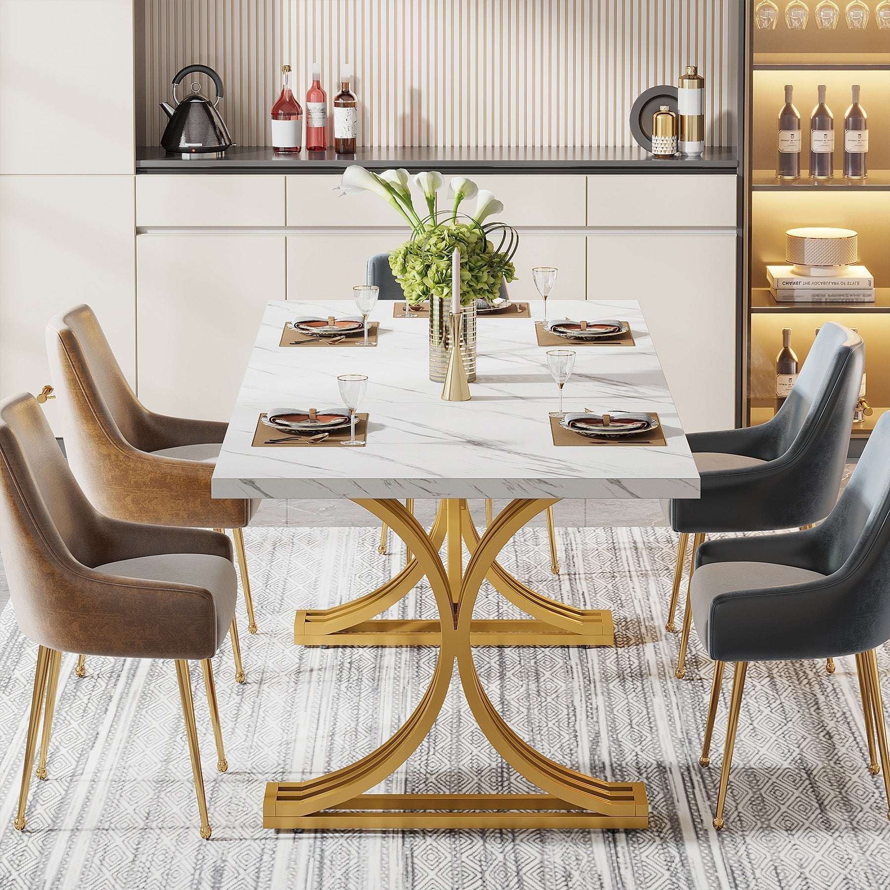 Tribesigns Mesa de comedor moderna de 160 cm con tablero de mármol artificial y patas de metal.