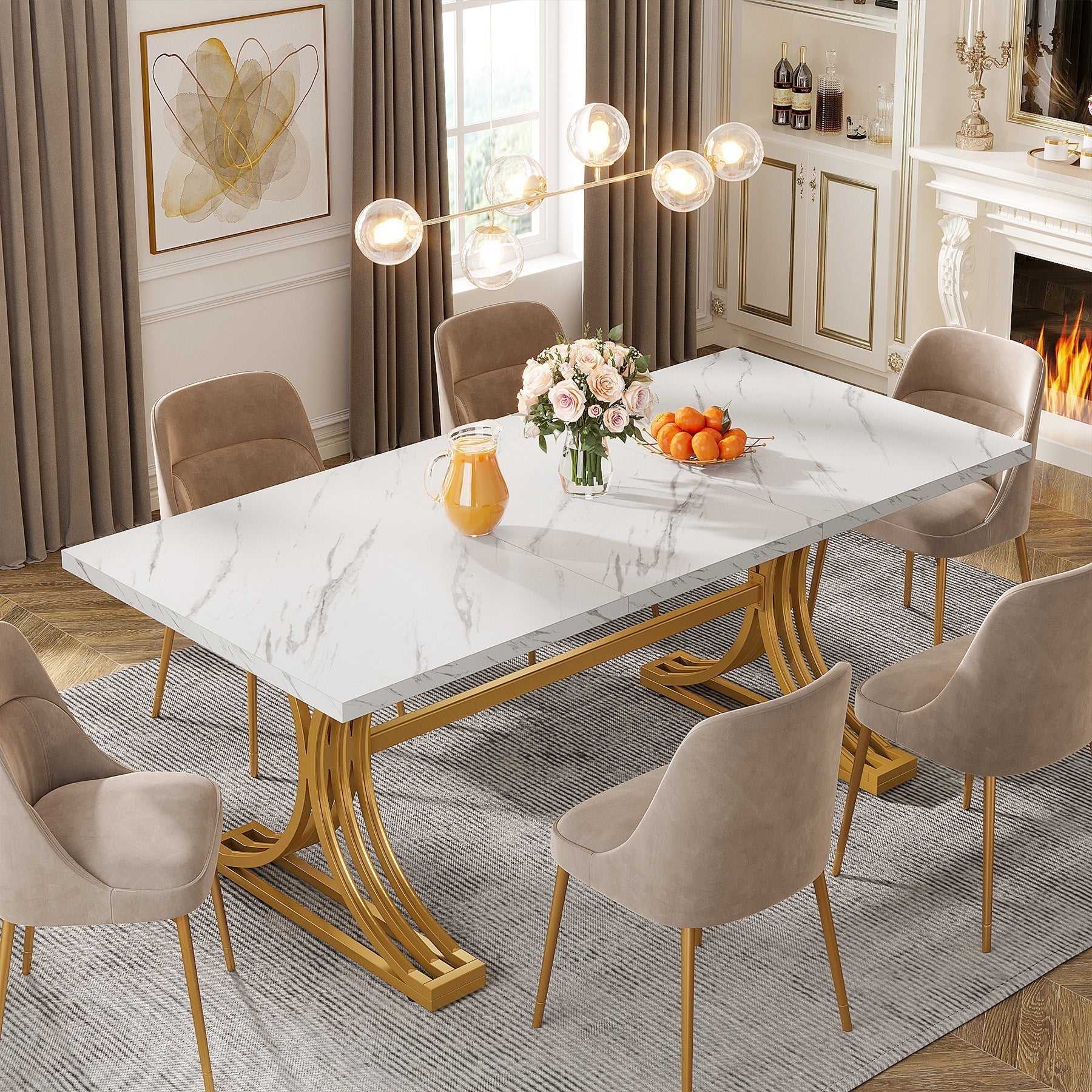 Tribesigns Mesa de comedor moderna de 160 cm con tablero de mármol artificial y patas de metal.
