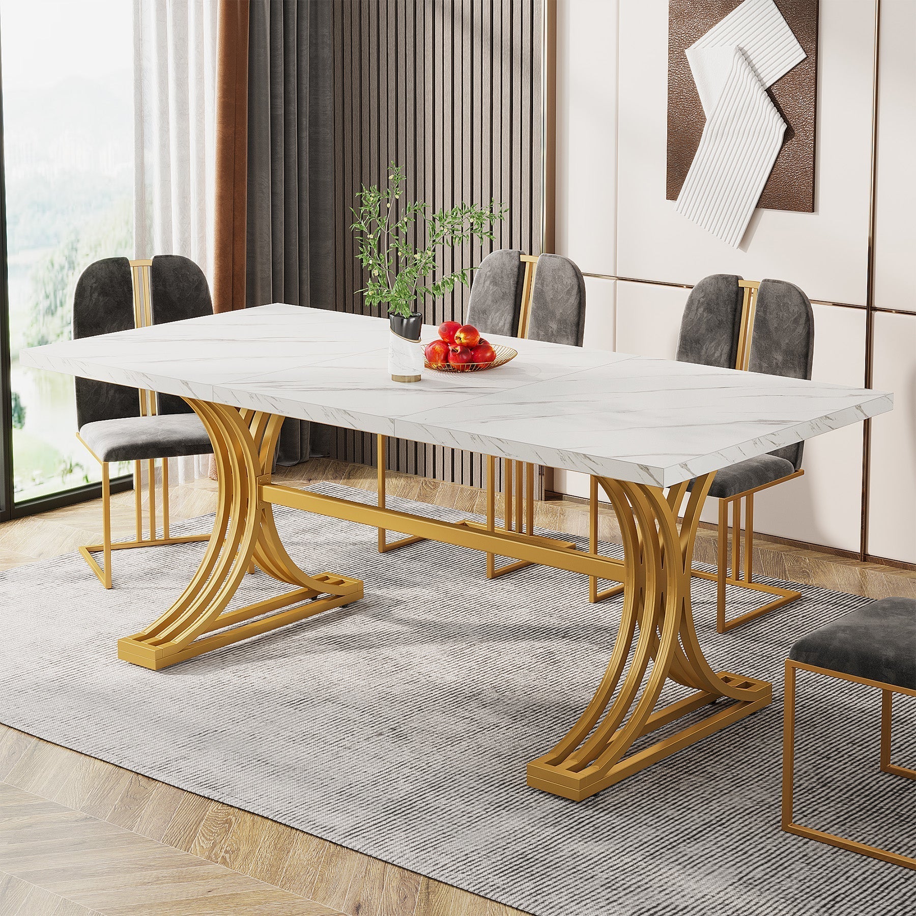 Tribesigns Mesa de comedor moderna de 160 cm con tablero de mármol artificial y patas de metal.