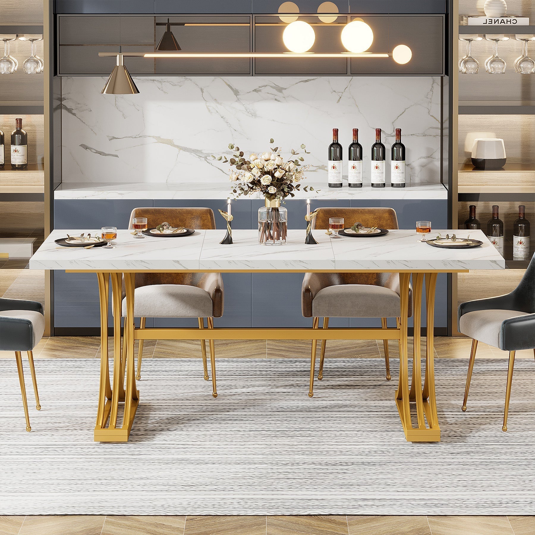 Tribesigns Mesa de comedor moderna de 160 cm con tablero de mármol artificial y patas de metal.