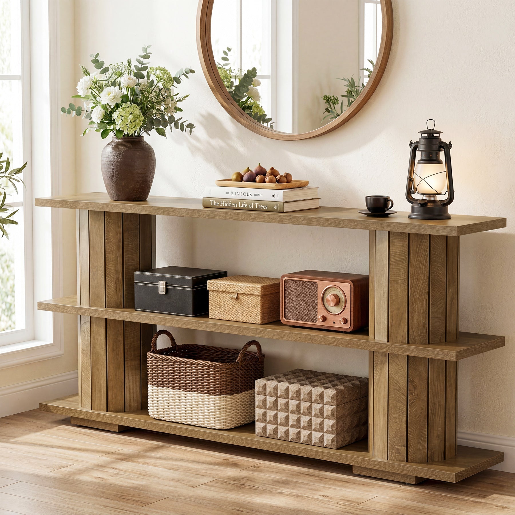 Tribesigns Mesa consola de 160 cm con estantes de almacenamiento de 3 niveles, Mesa larga para recibidor, ideal para sala de estar y entrada