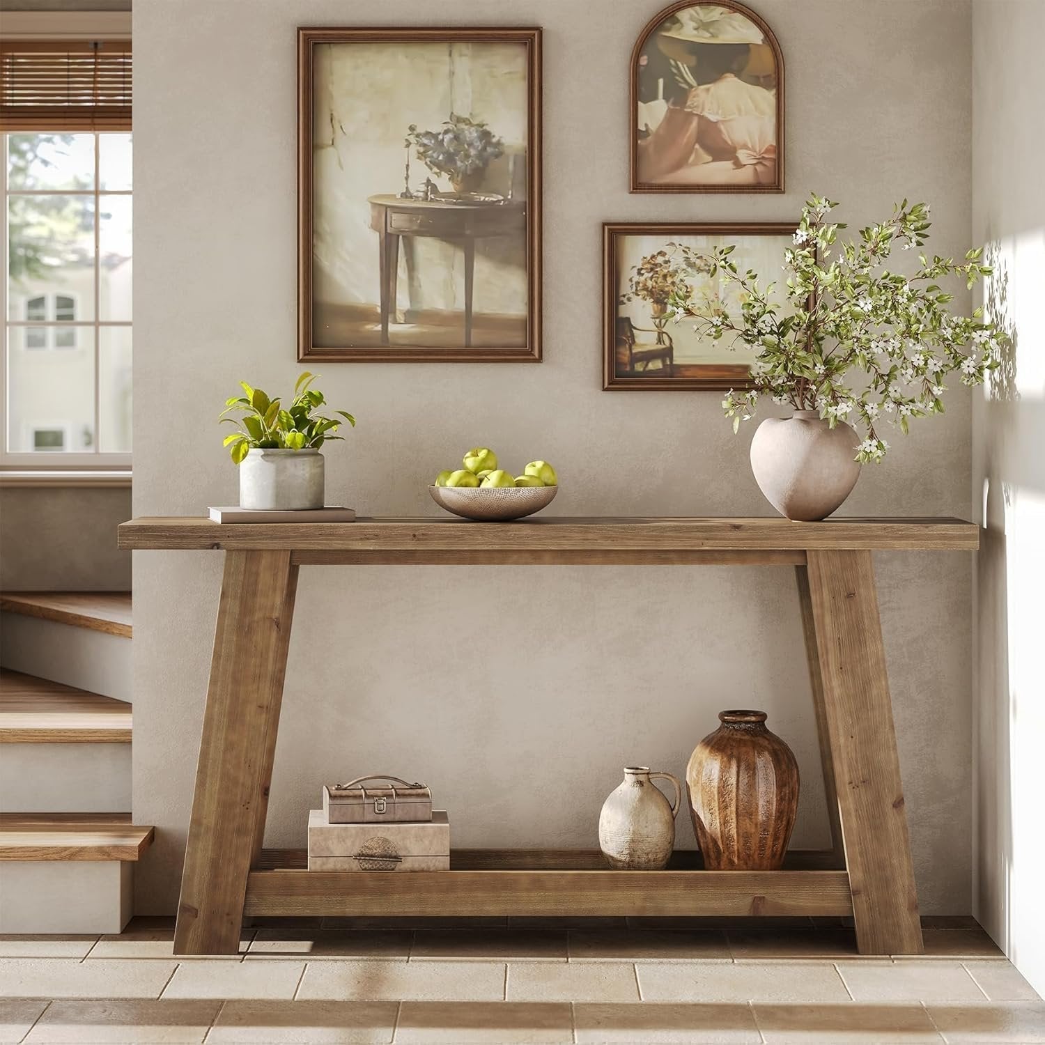 63" Console Table, Farmhouse Wood Sofa Entryway Table with 2-Tier Shelf