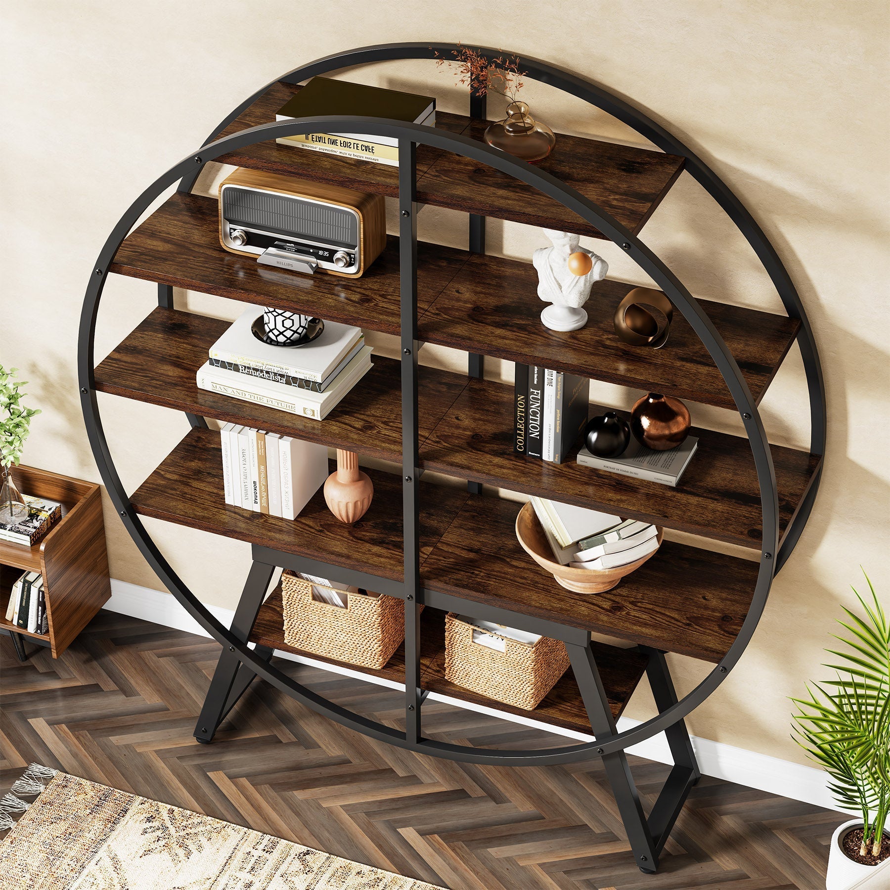 67" Industrial Bookshelf, 5-Tier Round Etagere Bookcase Display Shelf Tribesigns