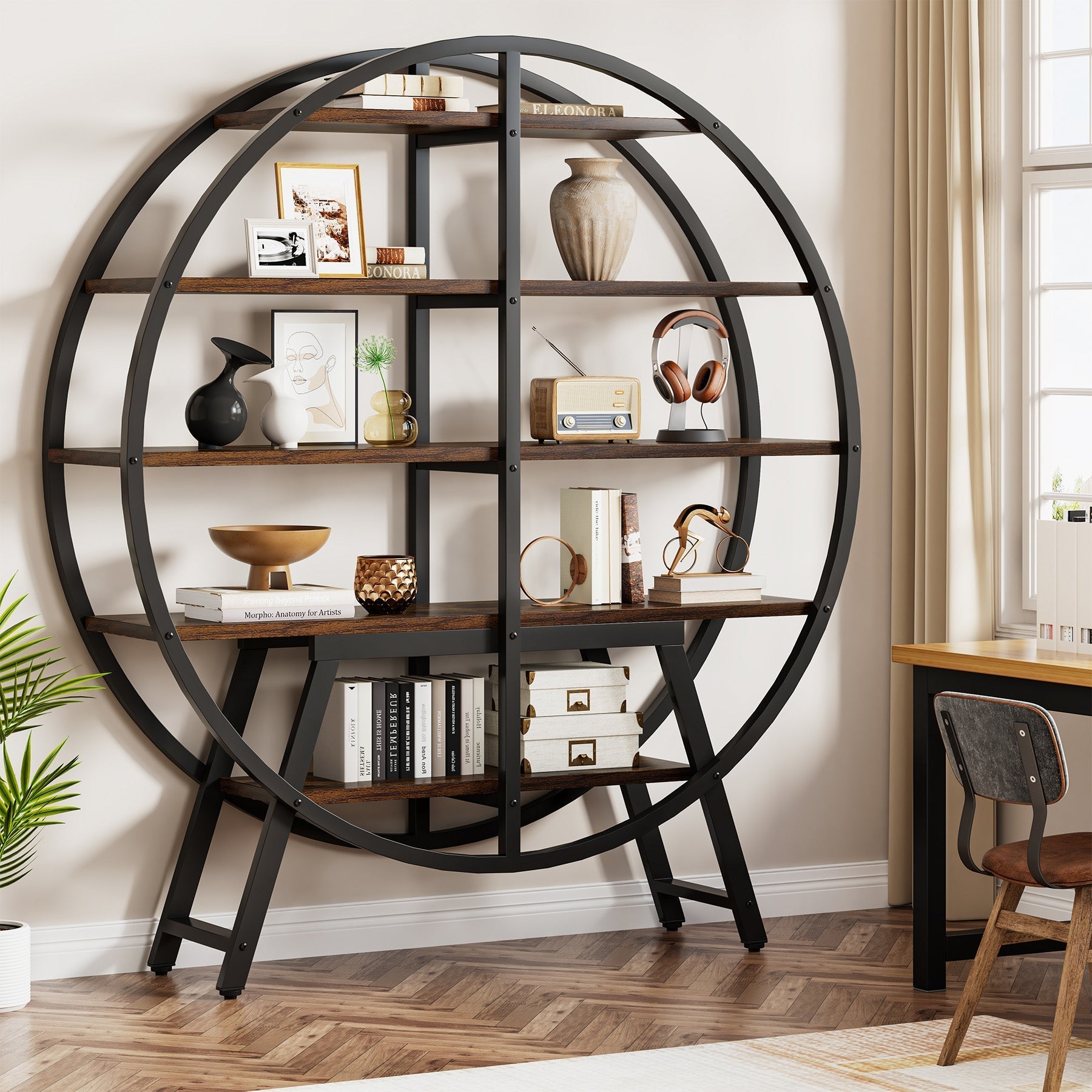 67" Industrial Bookshelf, 5-Tier Round Etagere Bookcase Display Shelf Tribesigns