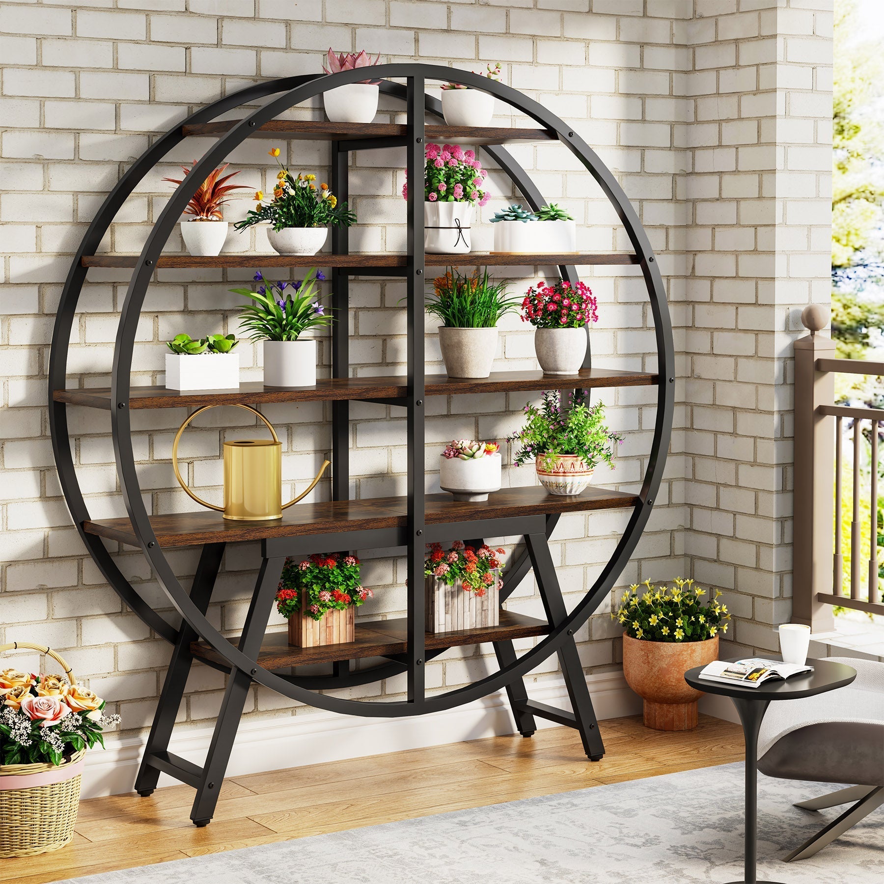 67" Industrial Bookshelf, 5-Tier Round Etagere Bookcase Display Shelf Tribesigns
