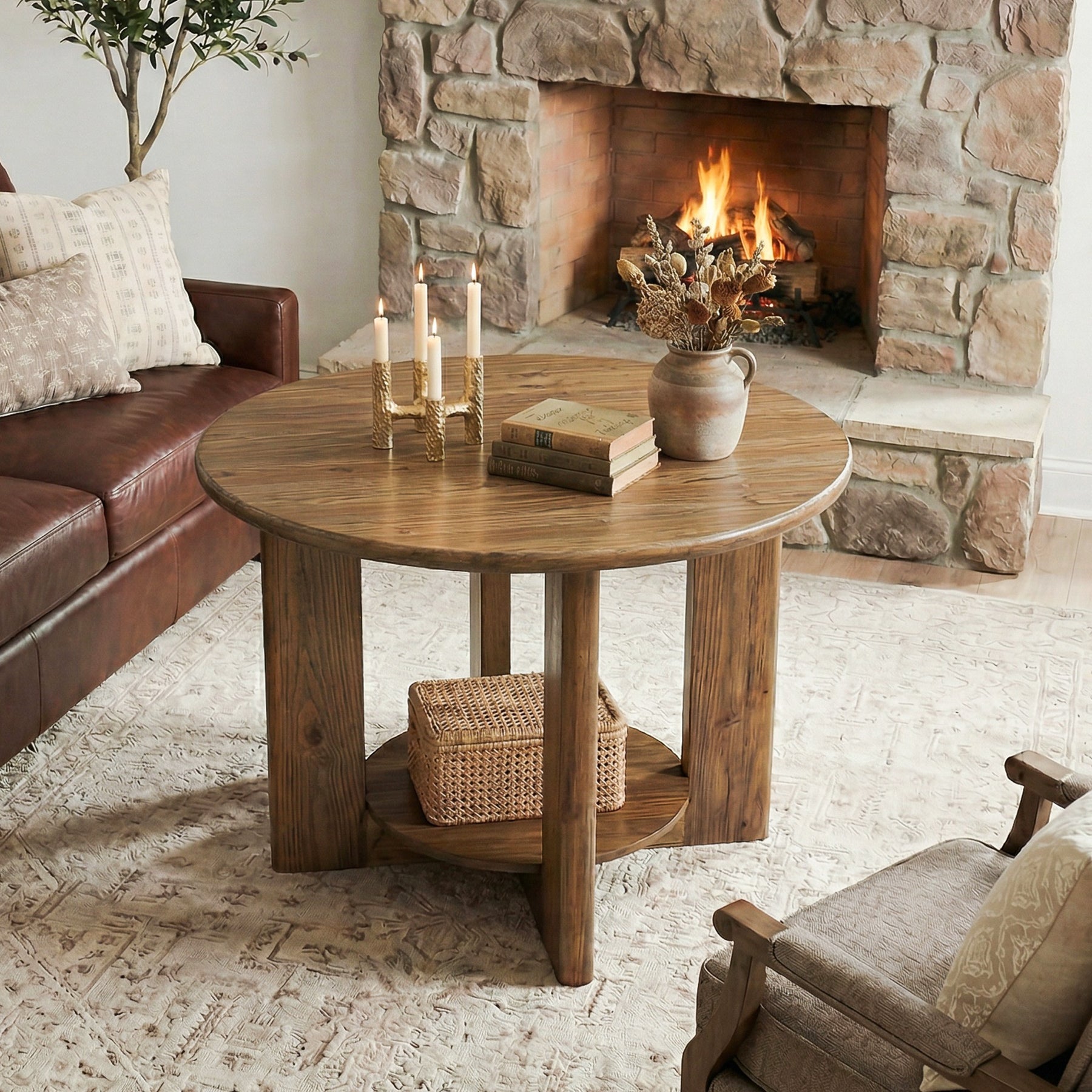 Tribesigns Mesa de centro redonda de madera maciza, Mesa de salón de dos niveles con almacenamiento