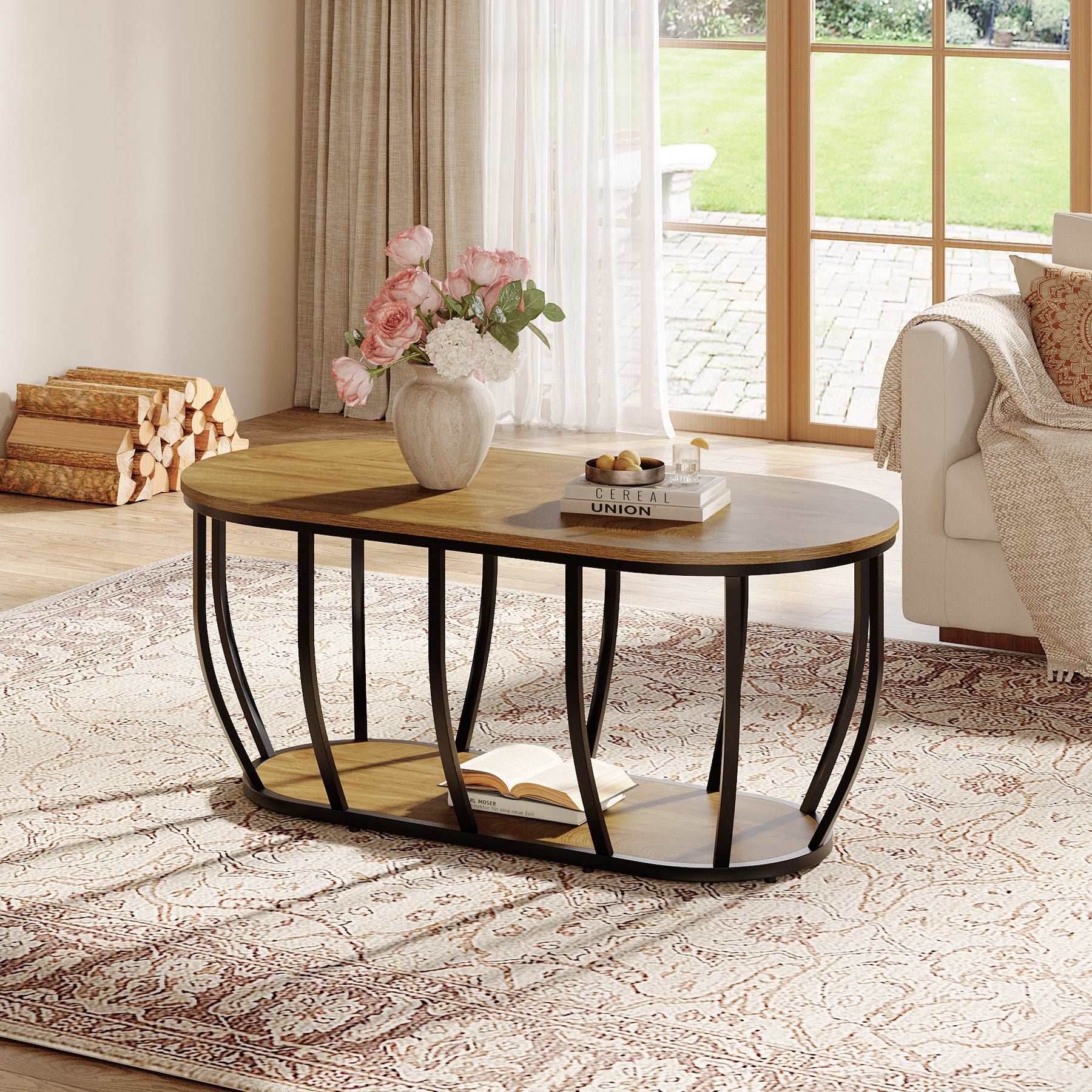 Tribesigns Mesa de centro ovalada de 120 cm de estilo industrial con 2 estantes