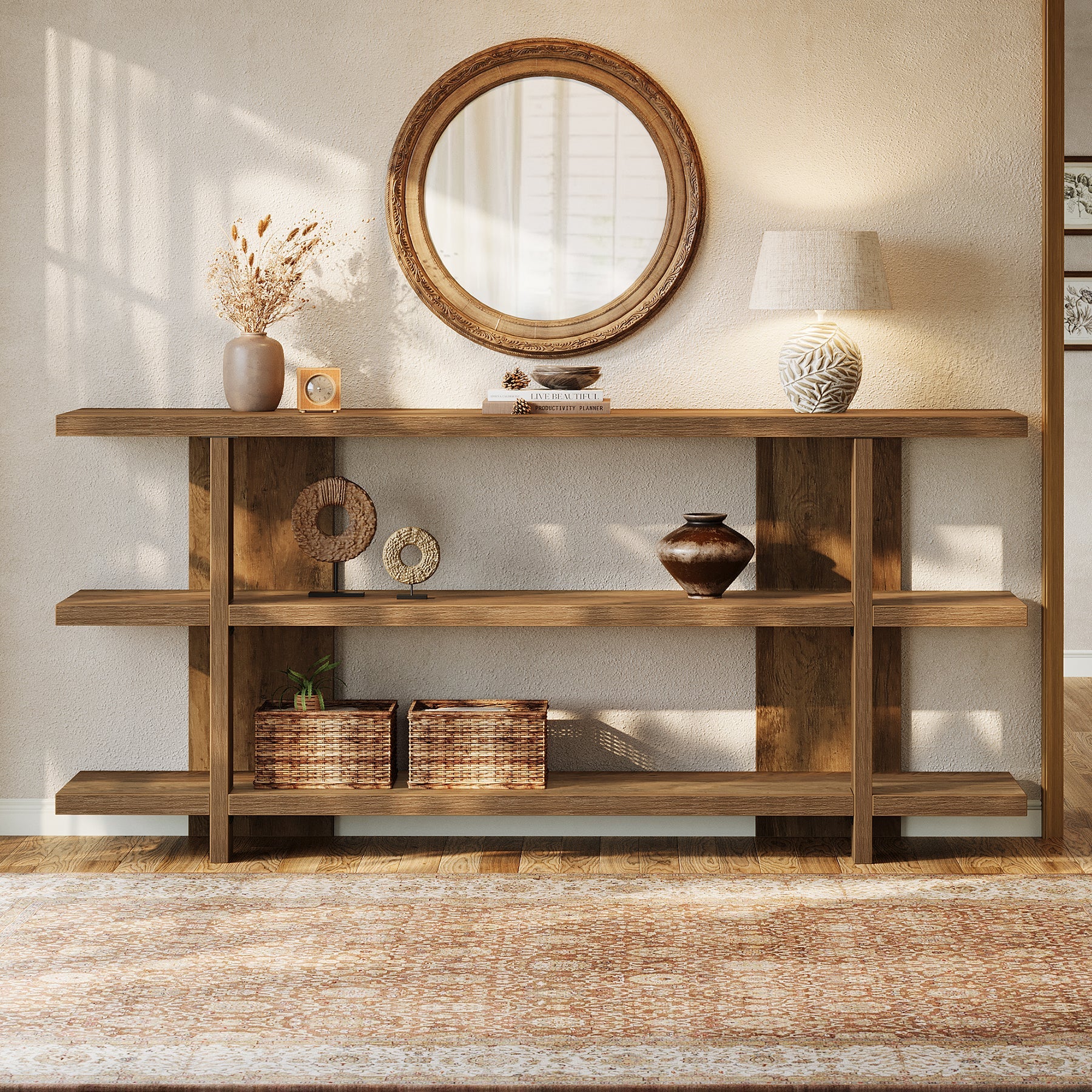 Tribesigns Consola de 160 cm con espacio de almacenaje, Mesa de recibidor estrecha de madera con 3 niveles en estilo rústico