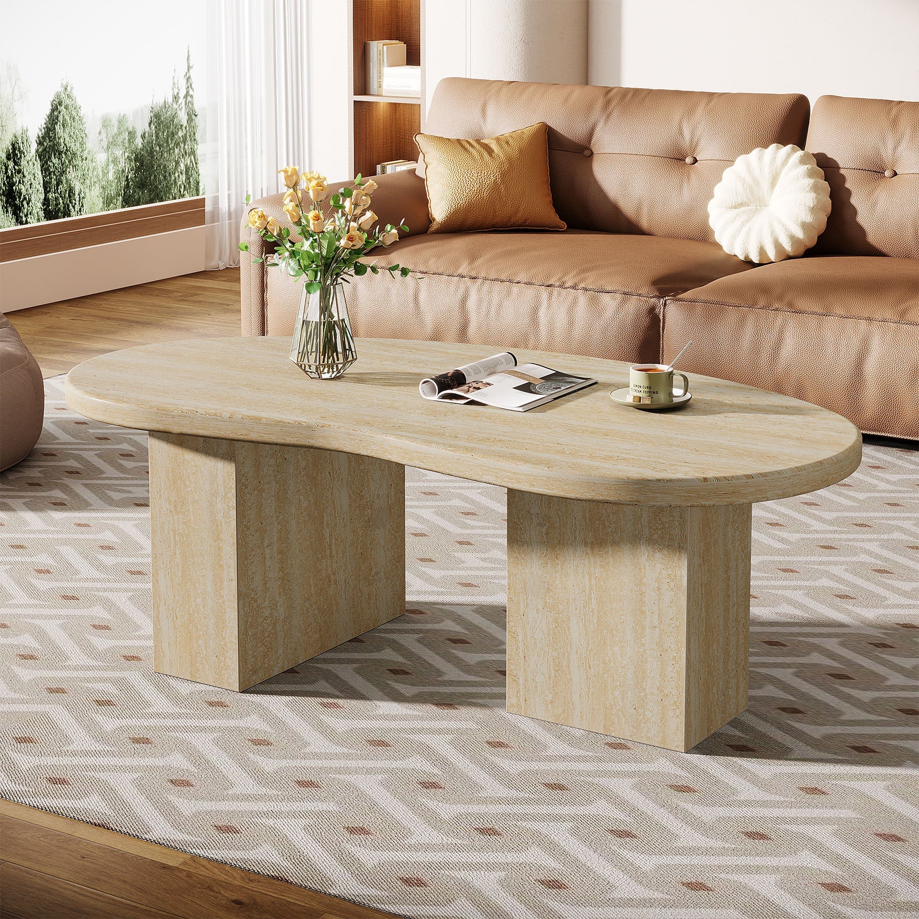 Tribesigns Mesa de centro de 115 cm, Mesa de cóctel ovalada con pedestal asimétrico