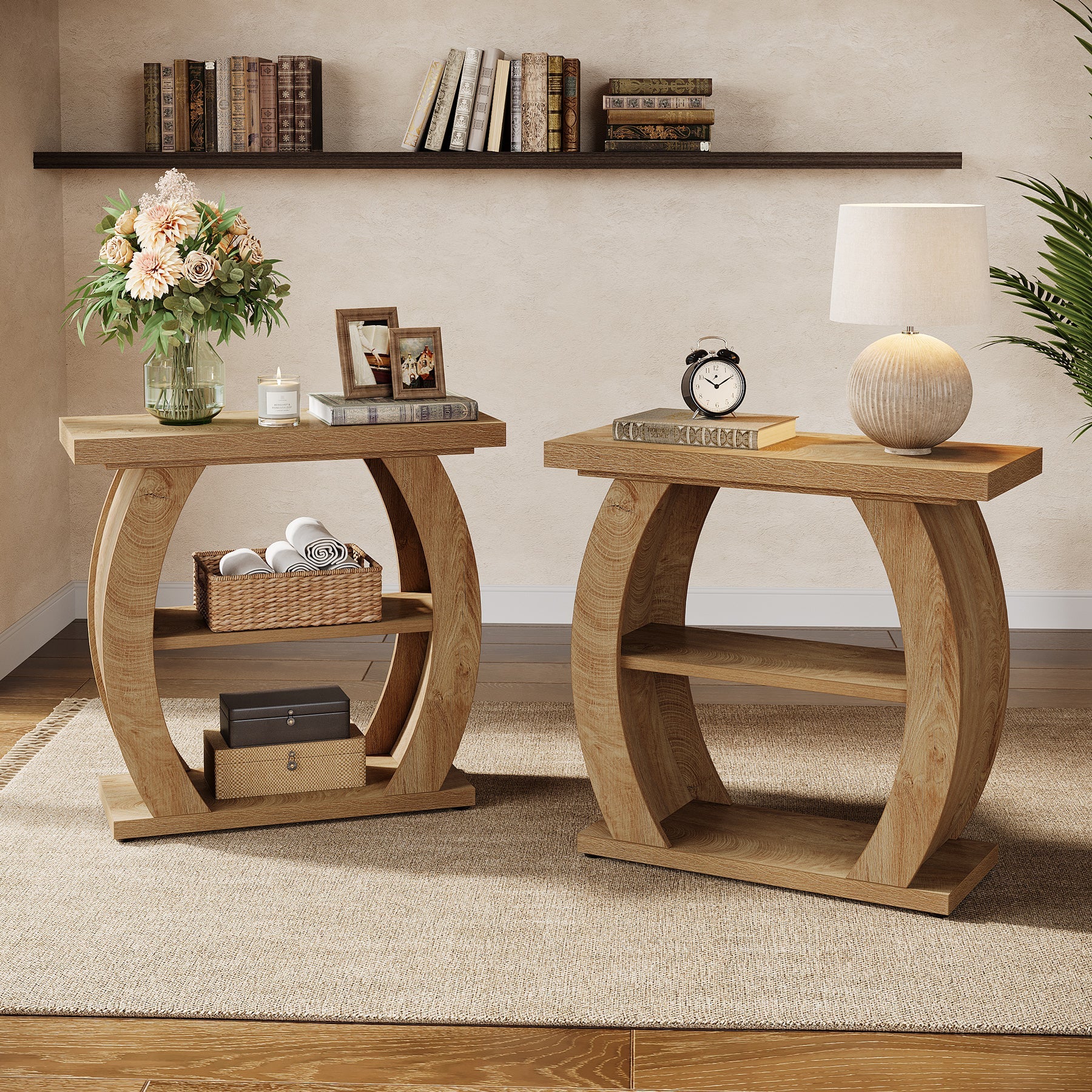 Tribesigns Mesita auxiliar estrecha de 65 cm con 3 niveles de almacenamiento, Mesita de noche rústica con estructura curva