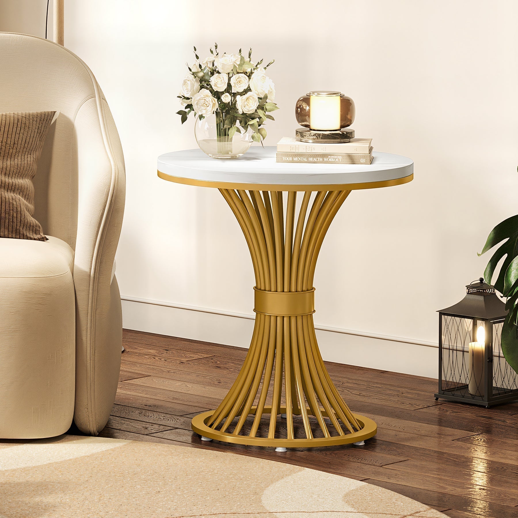 Tribesigns Mesa auxiliar redonda de 50 cm con superficie de mármol, Blanca y base de metal dorado
