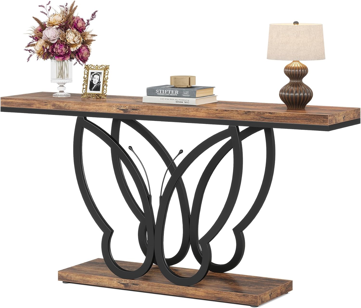 Tribesigns Mesa consola, Mesa de entrada con marco de metal de mariposa Mesas auxiliares de madera largas y estrechas