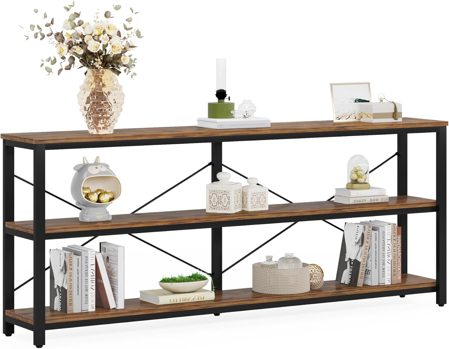 Tribesigns Mesa consola, Mesa de sofá industrial de 3 niveles con estructura de metal