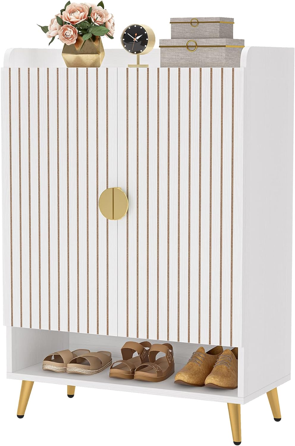 Tribesigns Zapatero con 2 puertas, Zapatero con marco de metal dorado