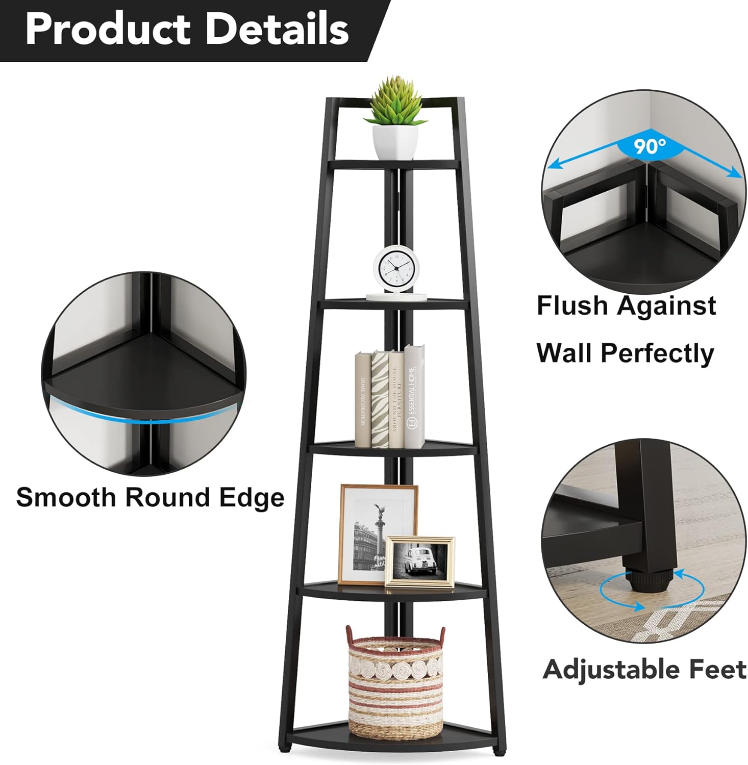 Tribesigns Estantería Esquinera de Alto, Estantería Esquinera Rústica de 5 Niveles