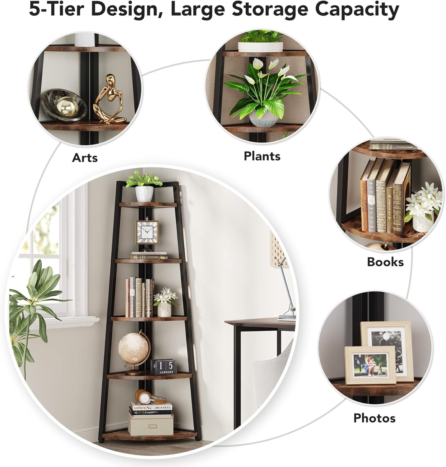 Tribesigns Estantería Esquinera de Alto, Estantería Esquinera Rústica de 5 Niveles