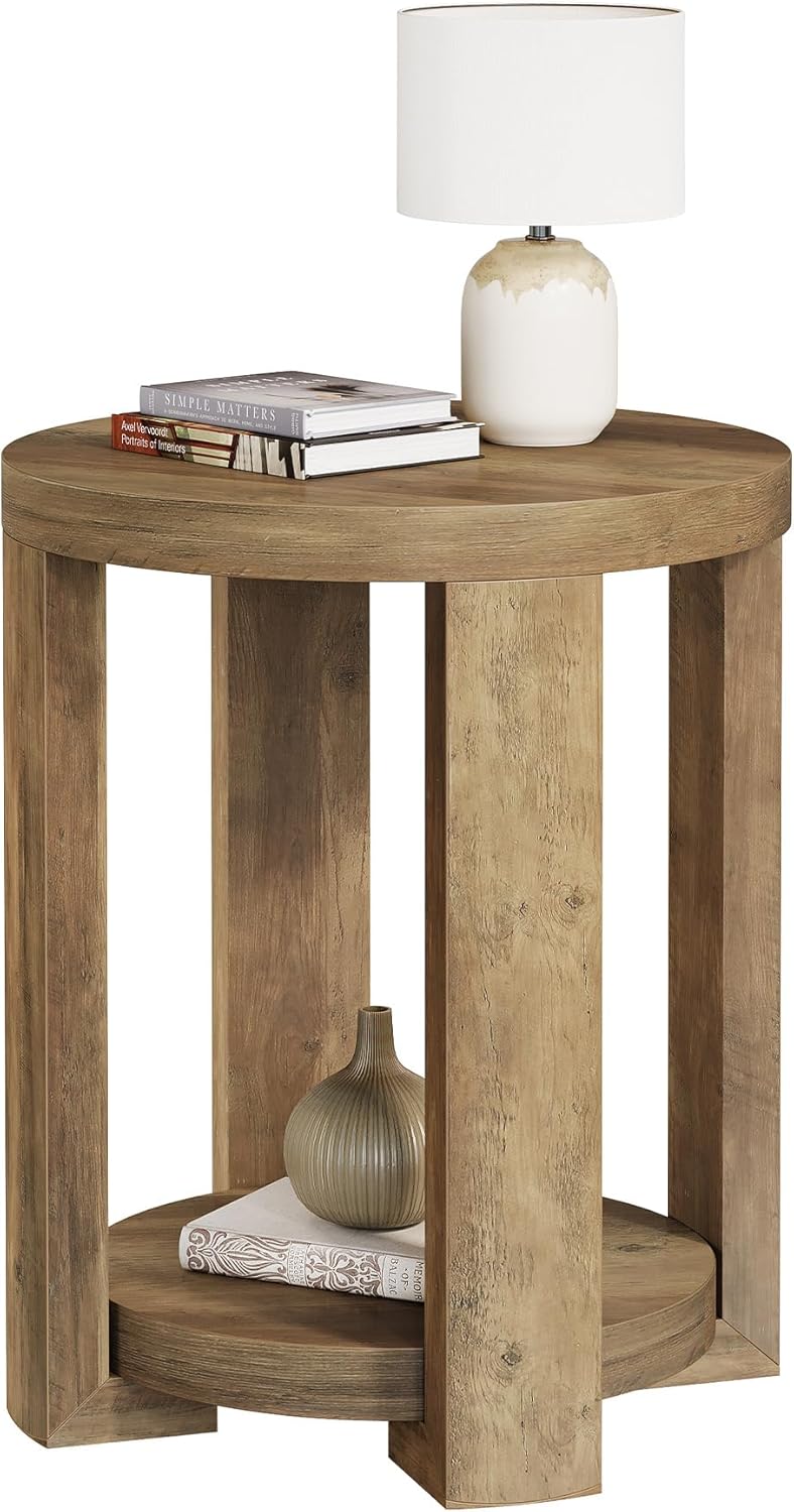 Tribesigns Mesa auxiliar redonda de 50 cm con almacenamiento, Mesita de noche de estilo rústico moderno Mesa de sofá de 2 niveles en color marrón