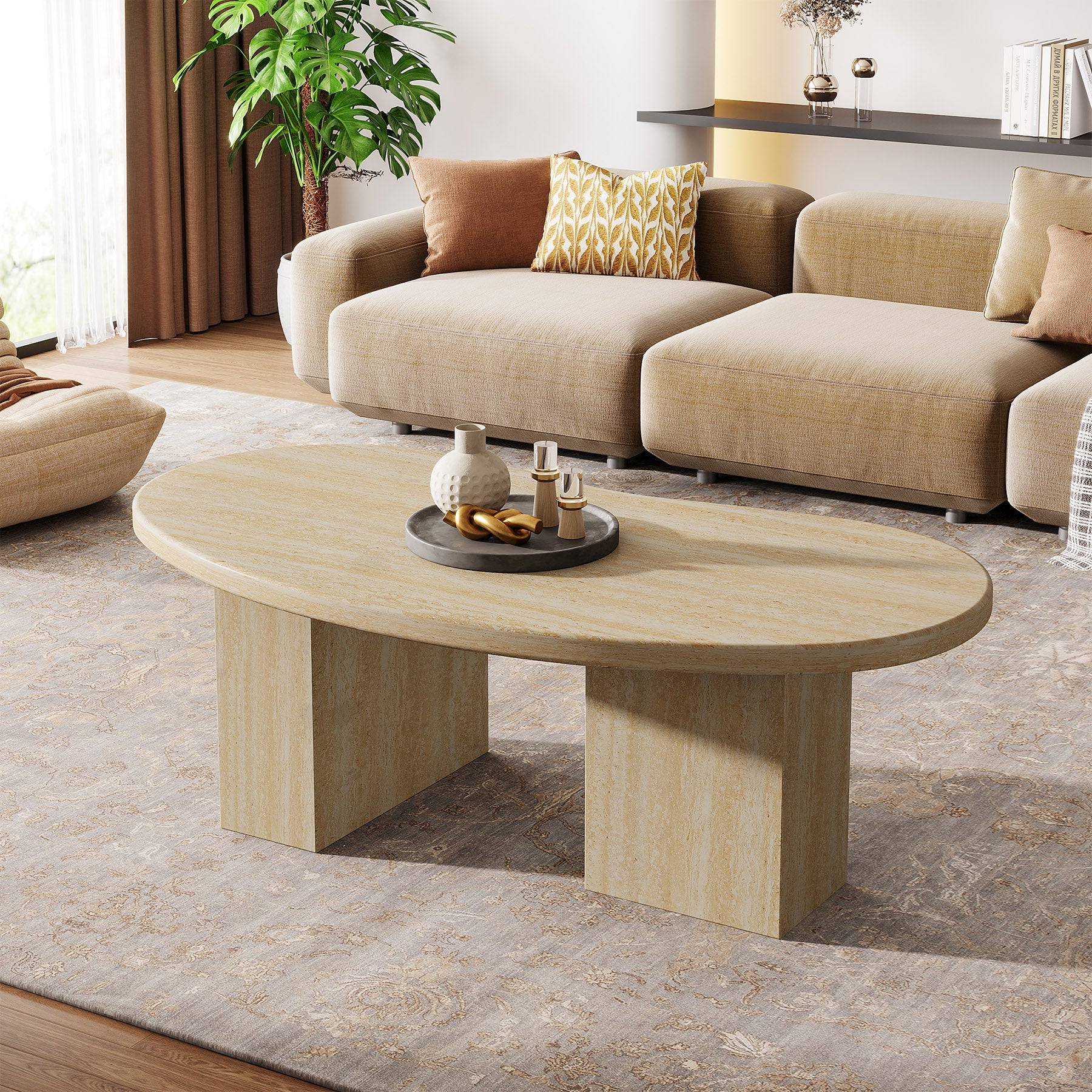 Tribesigns Mesa de centro de 115 cm, Mesa de cóctel ovalada con pedestal asimétrico