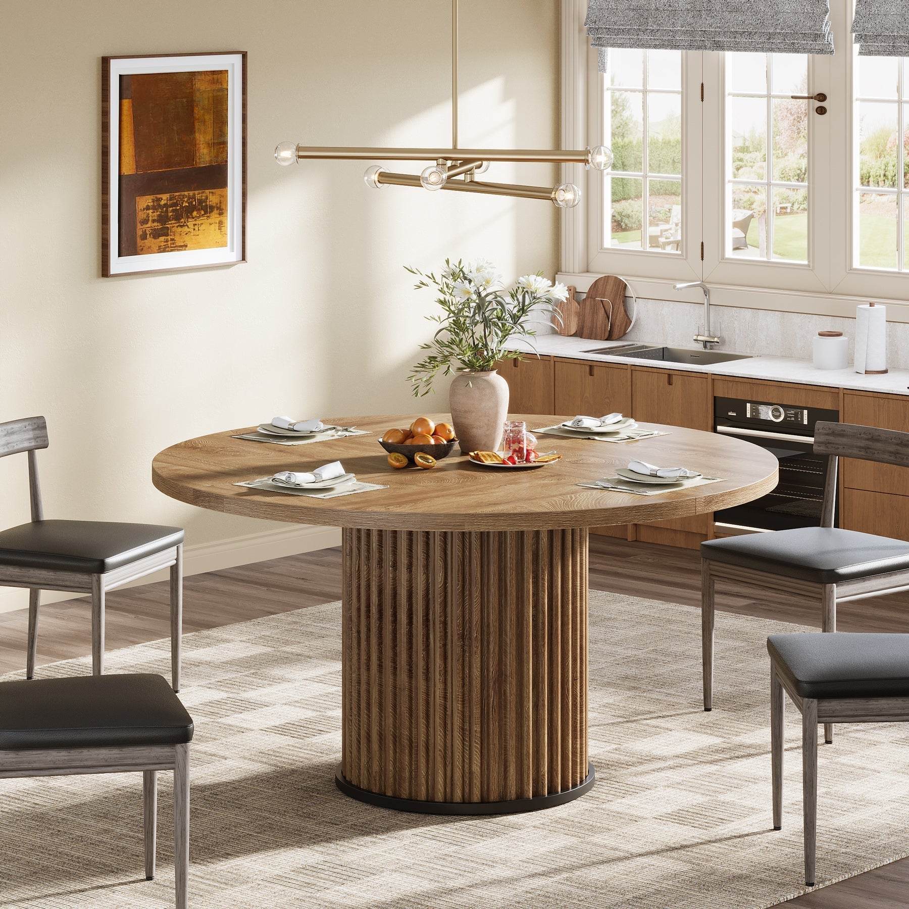 Tribesigns Mesa de comedor redonda negra de 120 cm para 4-6 personas, Mesa de cocina moderna con base de metal
