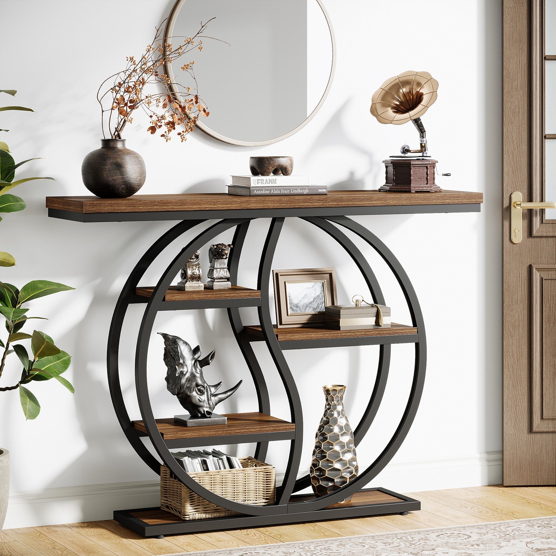 Tribesigns Consola estrecha de 5 niveles de 120 cm con acabado marrón rústico para entrada.