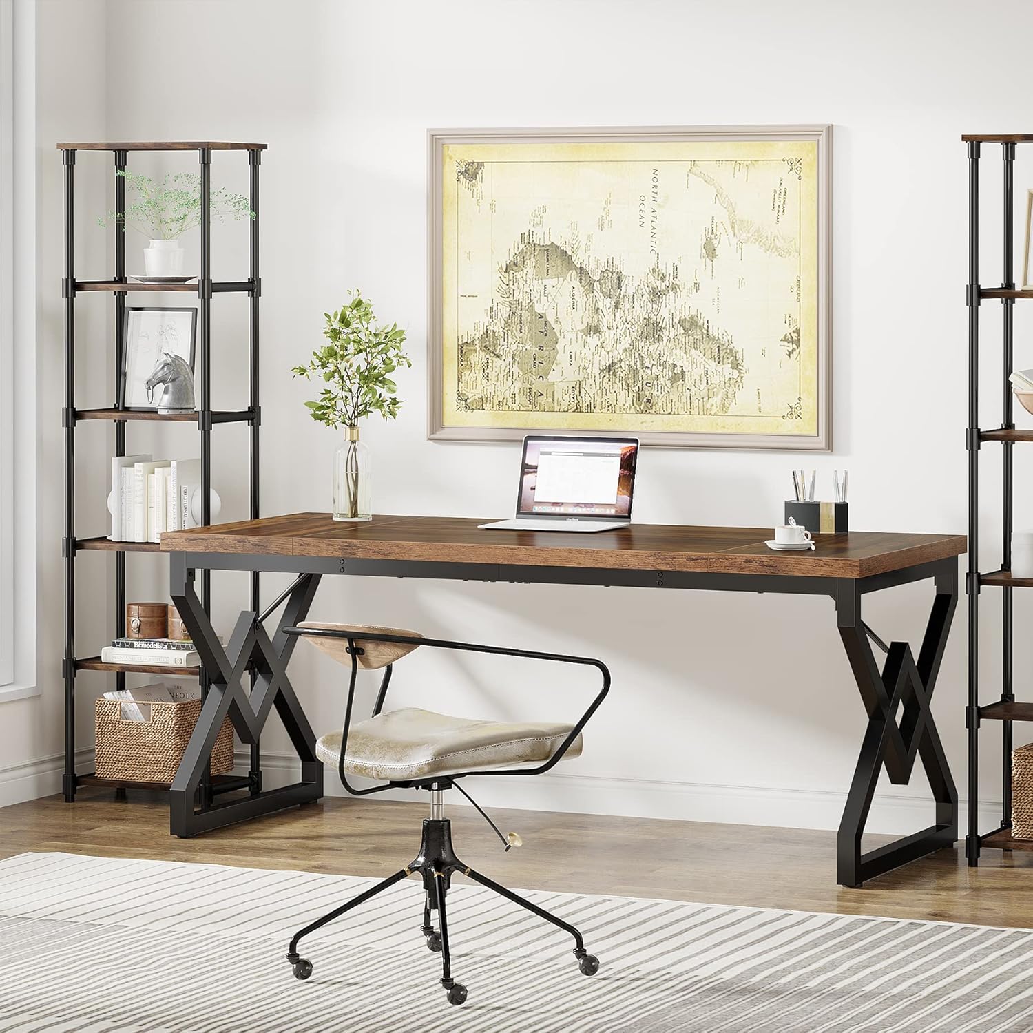 Tribesigns Escritorio vintage, Mesa grande para computadora de oficina con tablero de madera