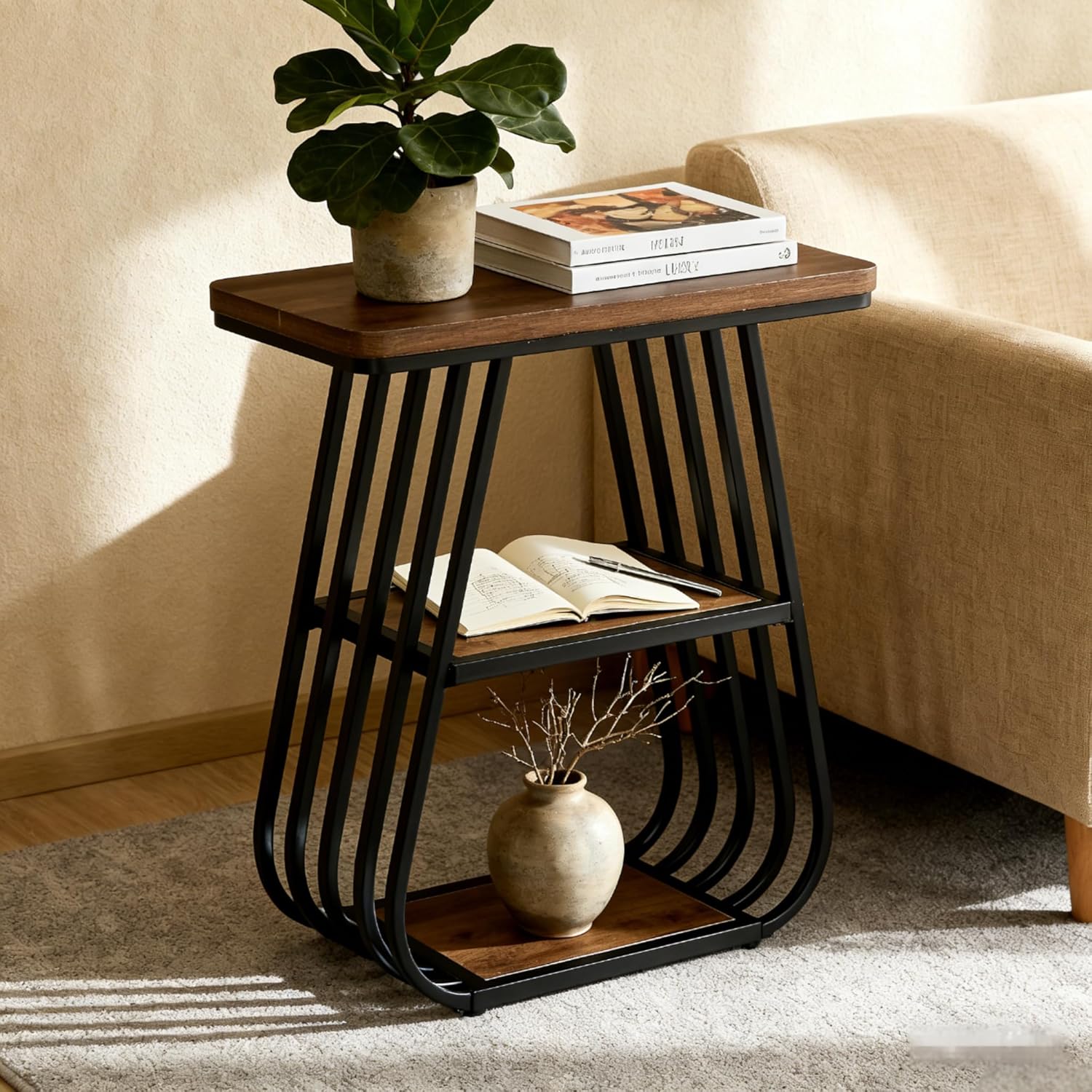 Tribesigns Mesa auxiliar de 60 cm para salón, Estrecha de 3 niveles y con estante de almacenamiento