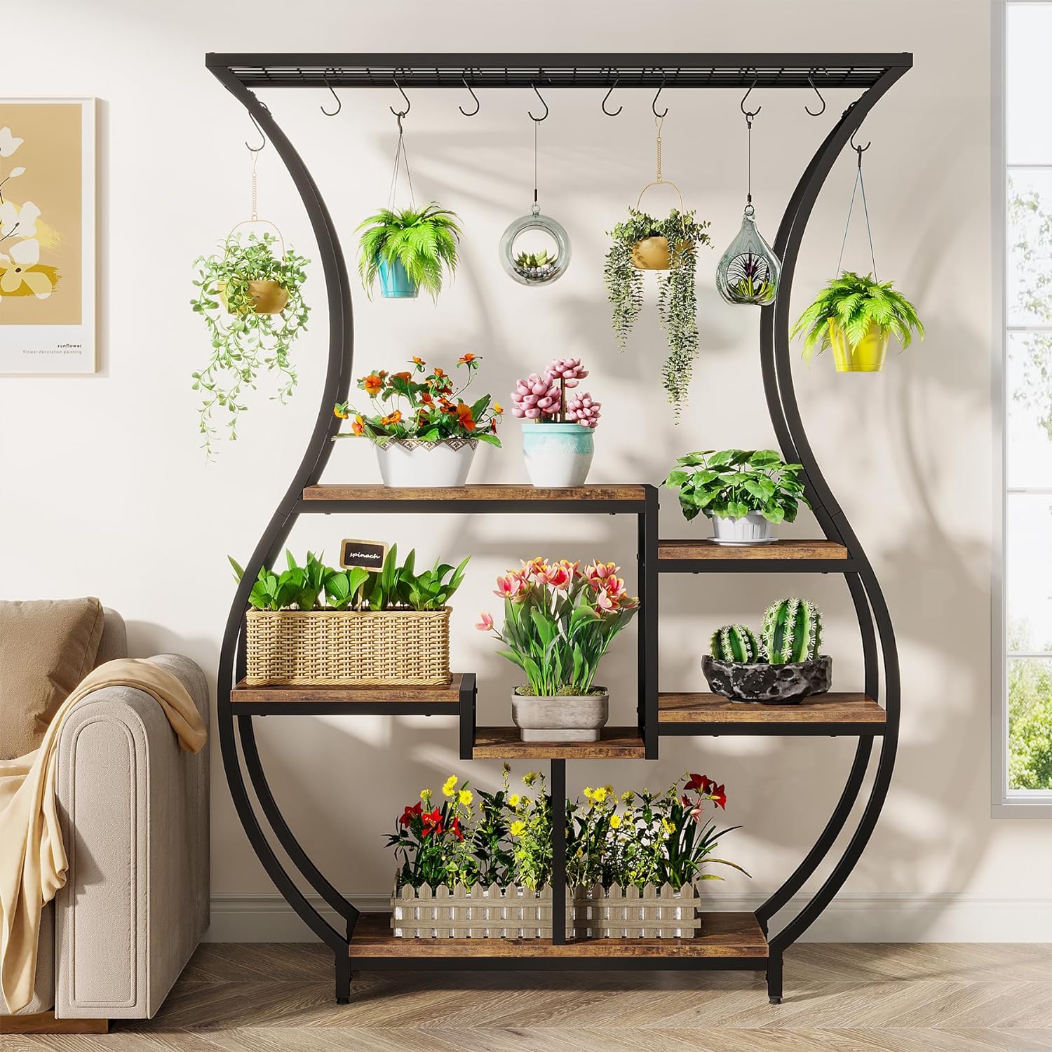 Tribesigns Estante para plantas de 6 niveles, Estante para plantas con 10 ganchos para colgar