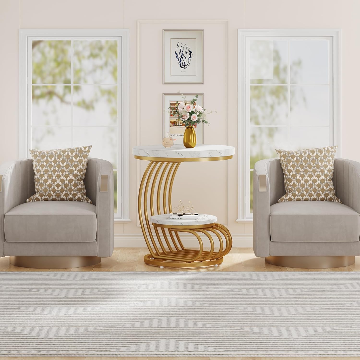 Tribesigns Mesa auxiliar de 2 niveles, Mesita de noche moderna de oro blanco con estructura de arco de metal