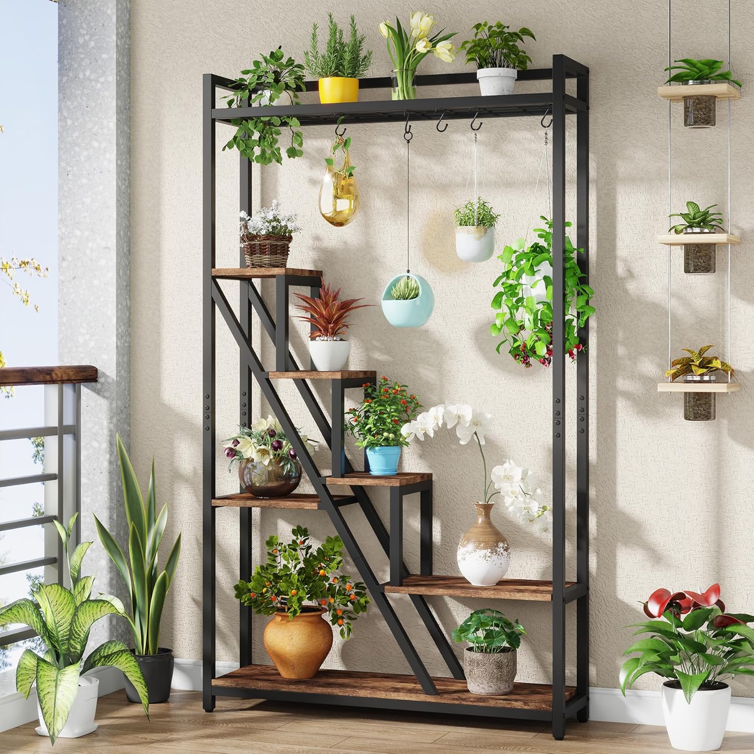 Tribesigns Estante para plantas de interior, Estante grande para plantas de 7 niveles con 5 ganchos en forma de S