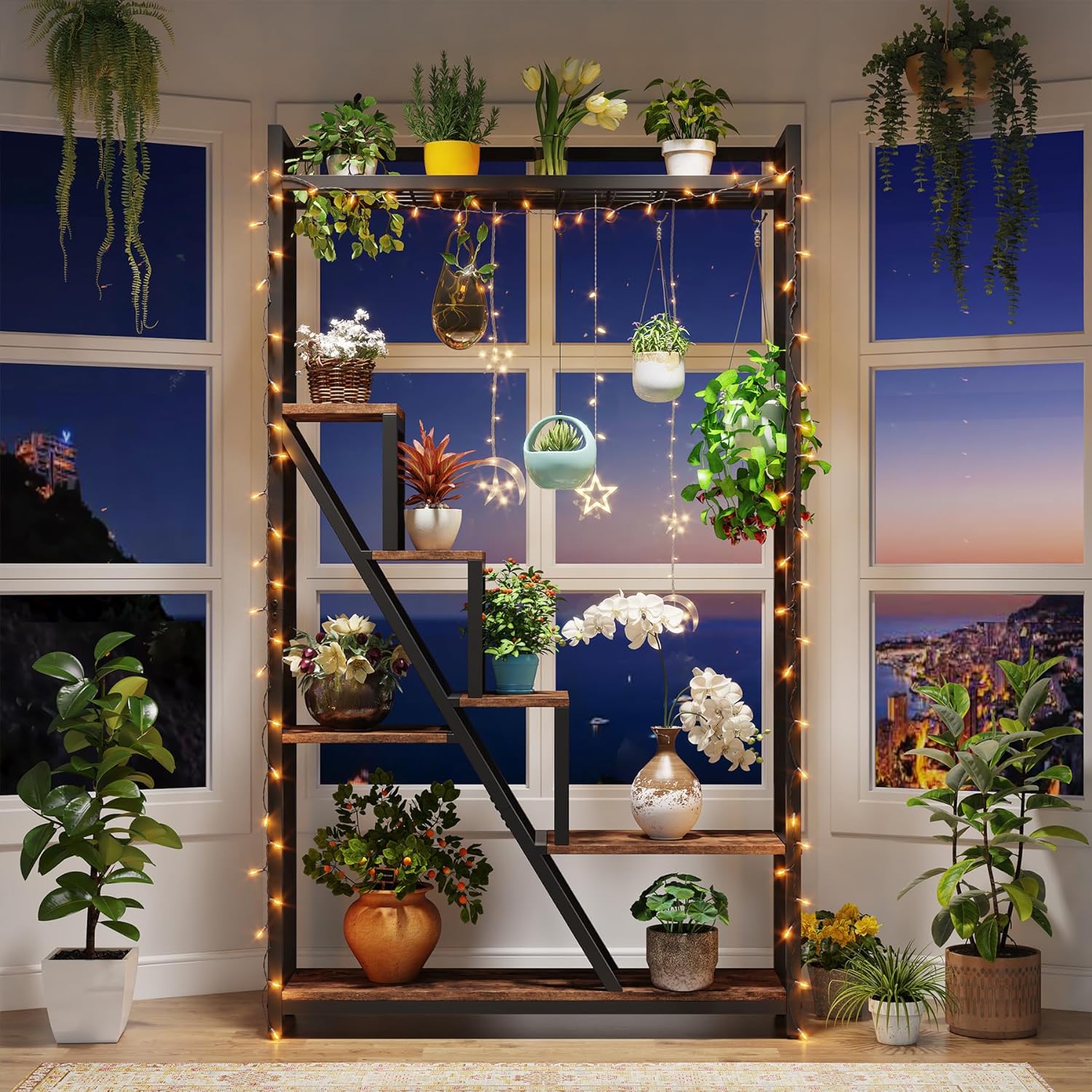 Tribesigns Estante para plantas de interior, Estante grande para plantas de 7 niveles con 5 ganchos en forma de S