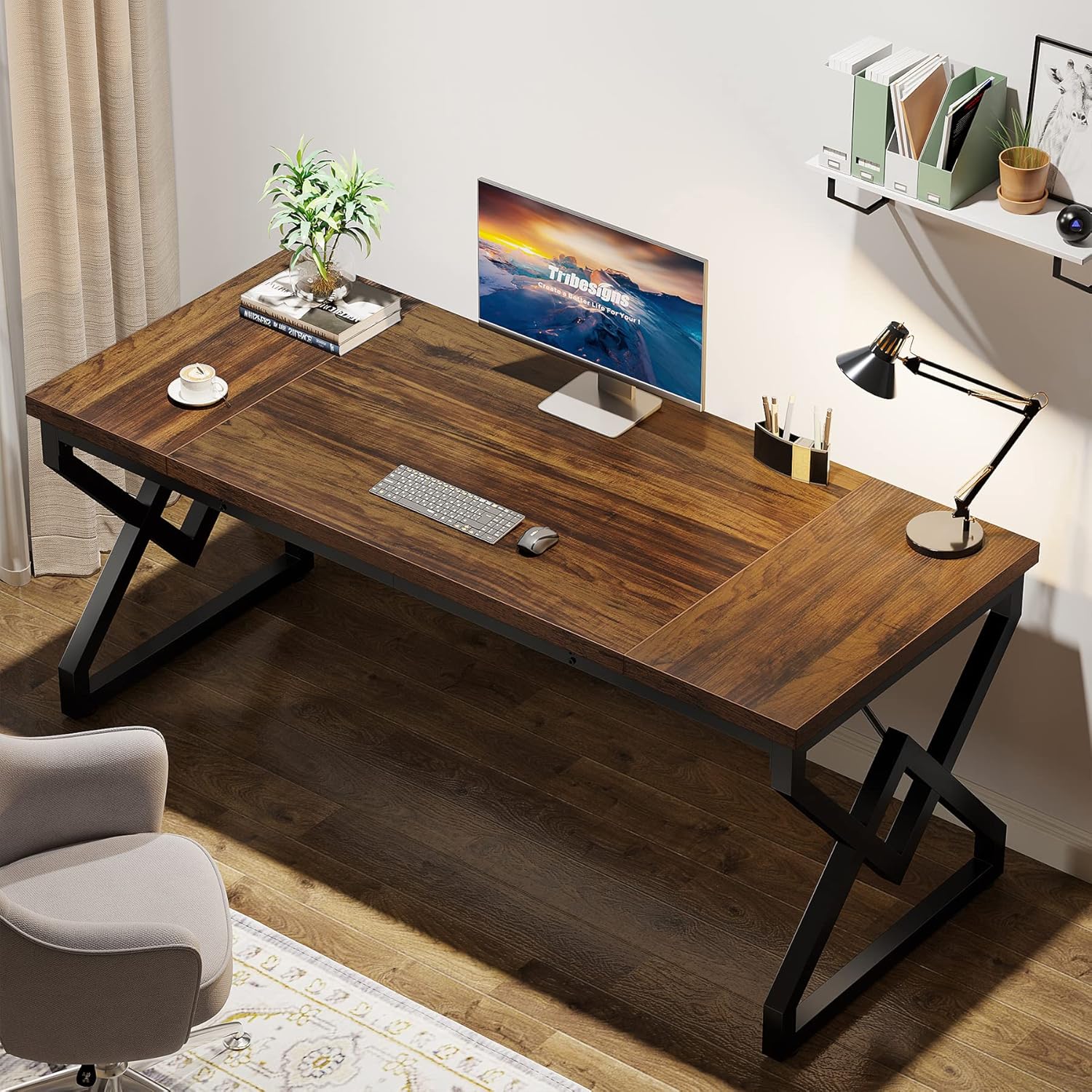 Tribesigns Escritorio vintage, Mesa grande para computadora de oficina con tablero de madera
