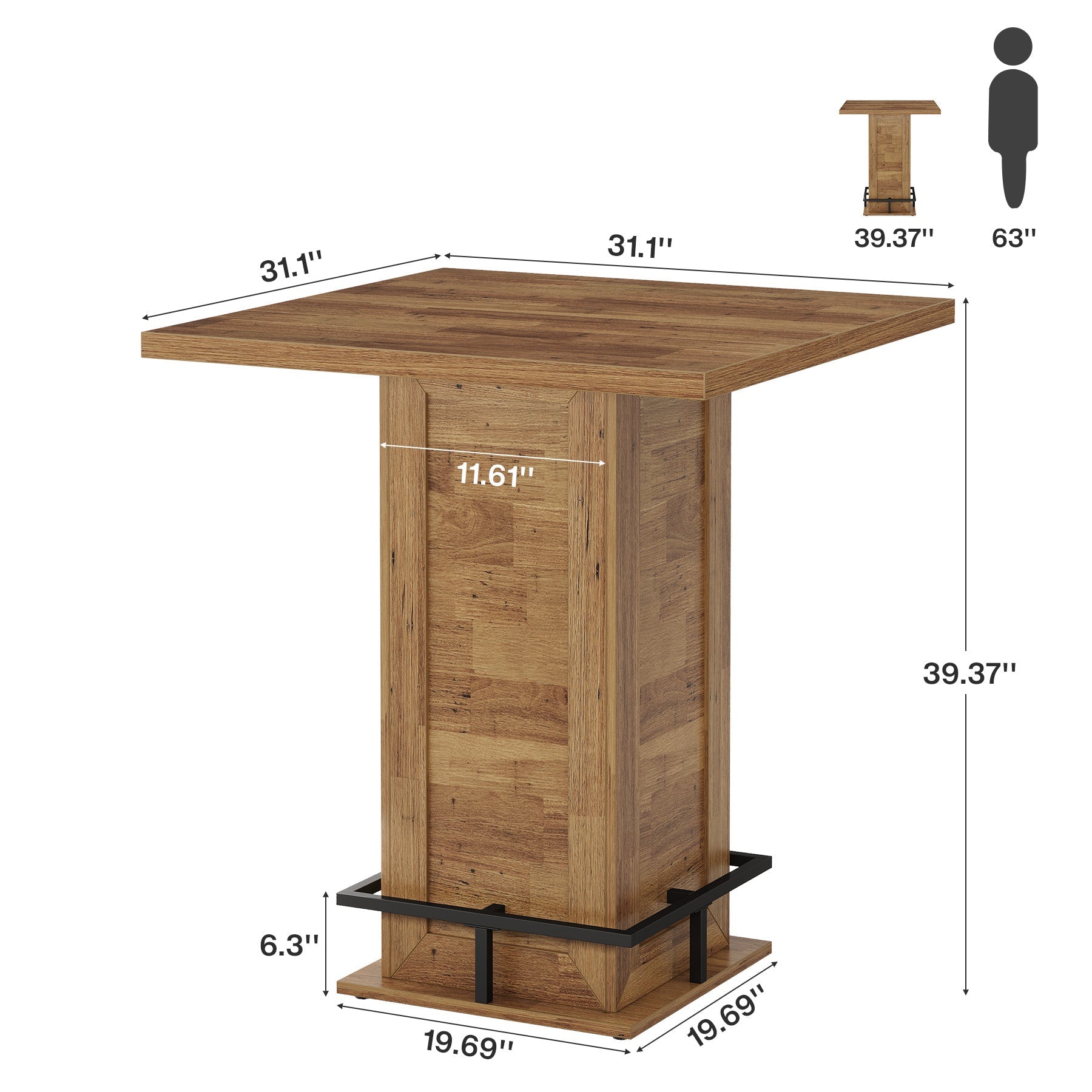 Tribesigns Mesa de bar industrial cuadrada de 100 cm, Mesa alta de bistró con reposapiés para barra de cocina en espacios reducidos