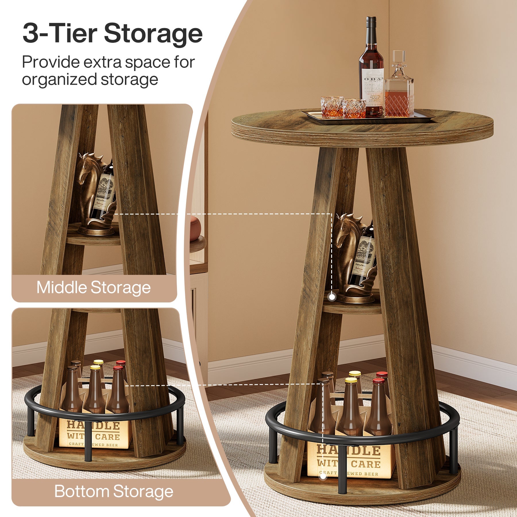 Tribesigns Mesa redonda de bar de 100 cm con almacenamiento, Mesa de bistró de estilo industrial para sala de estar, bar y espacios pequeños