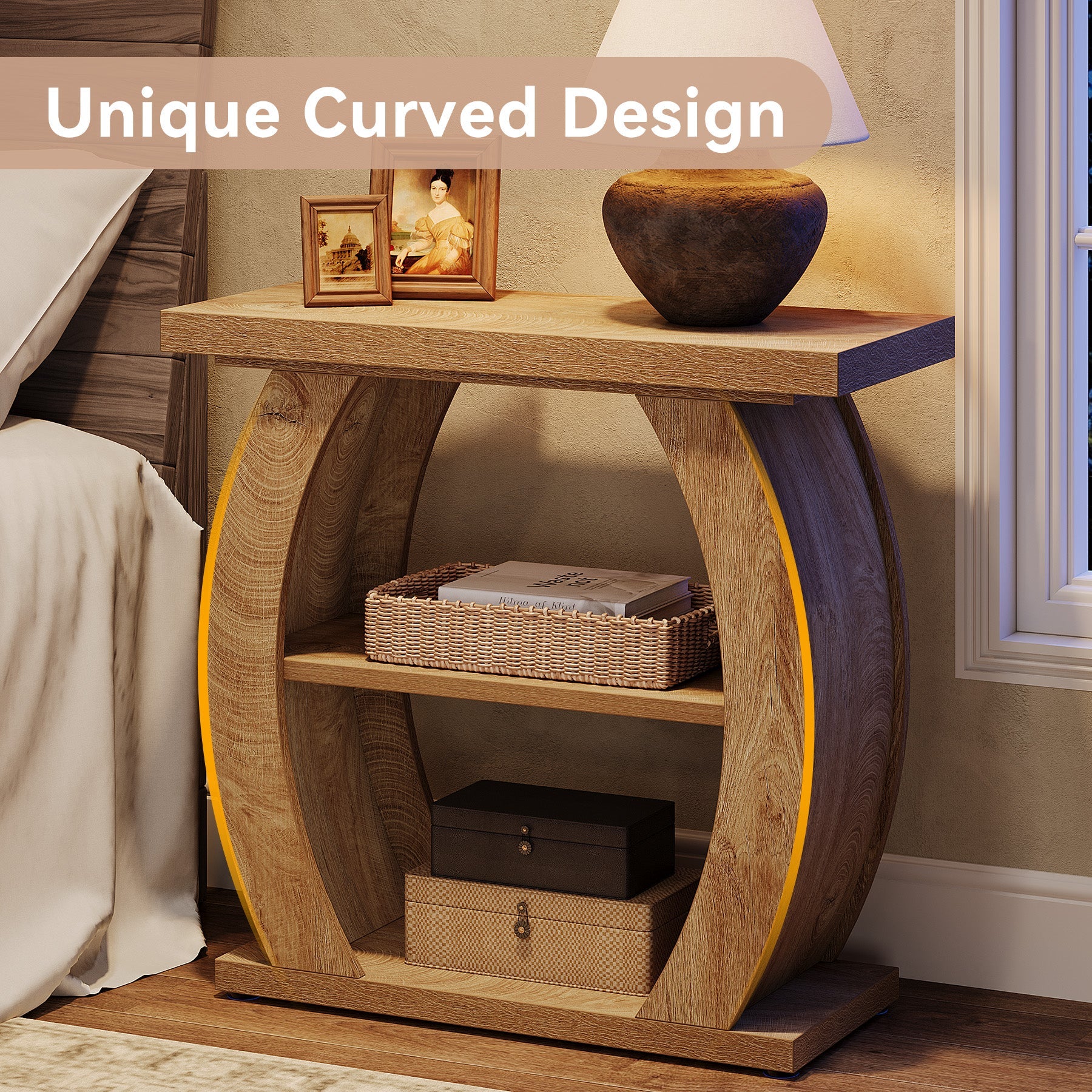 Tribesigns Mesita auxiliar estrecha de 65 cm con 3 niveles de almacenamiento, Mesita de noche rústica con estructura curva