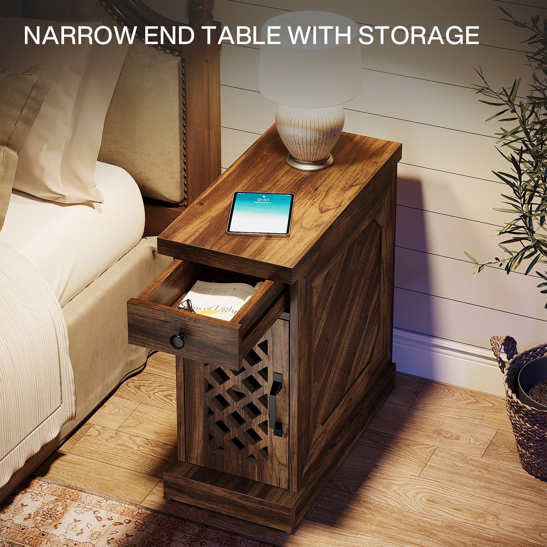 Tribesigns Mesa auxiliar estrecha de 65 cm con cajón y armario