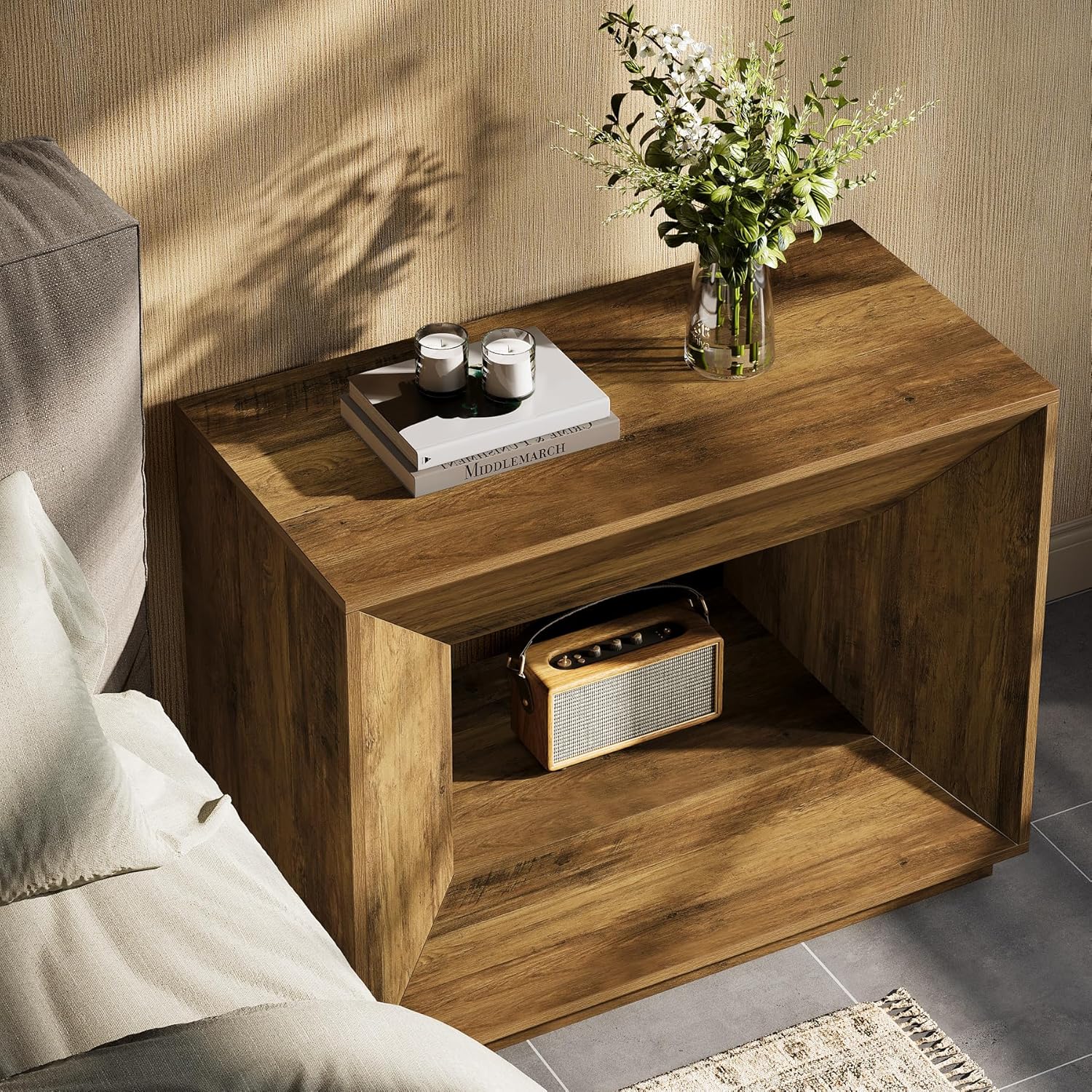 90 cm großer Side-Table im Vintage-Design fürs Schlafzimmer,Nachttisch mit Unterschrank