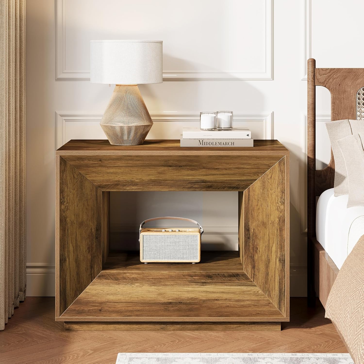 90 cm großer Side-Table im Vintage-Design fürs Schlafzimmer,Nachttisch mit Unterschrank