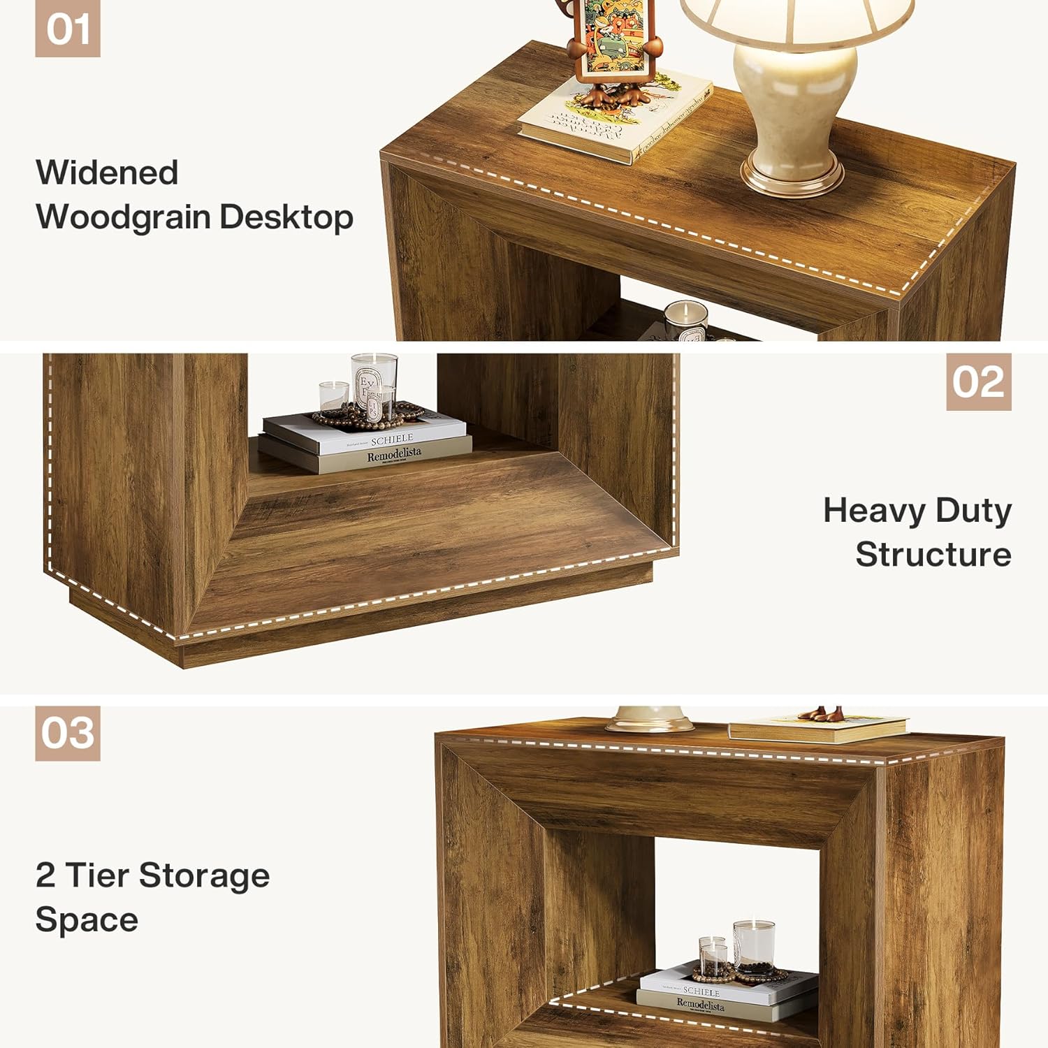 90 cm großer Side-Table im Vintage-Design fürs Schlafzimmer,Nachttisch mit Unterschrank