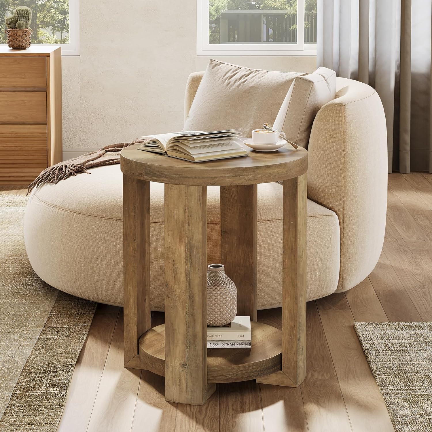 Tribesigns Mesa auxiliar redonda de 50 cm con almacenamiento, Mesita de noche de estilo rústico moderno Mesa de sofá de 2 niveles en color marrón