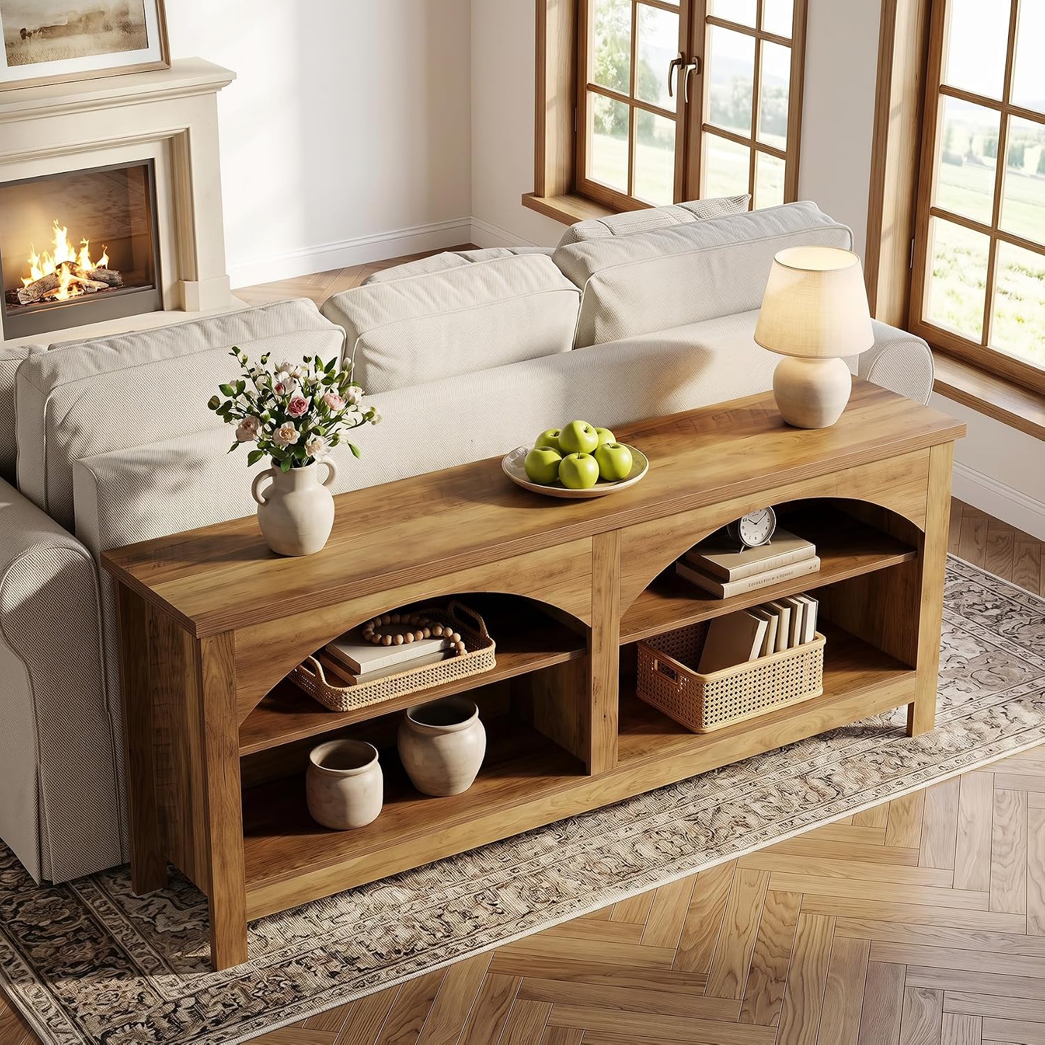 Mueble para TV de 160 cm, Sistema de entretenimiento de estilo rústico con estante de 2 niveles