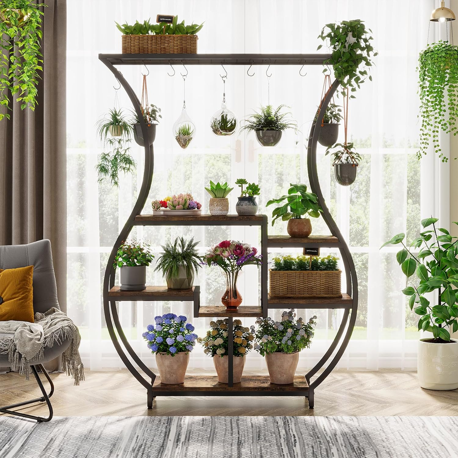 Tribesigns Estante para plantas de 6 niveles, Estante para plantas con 10 ganchos para colgar
