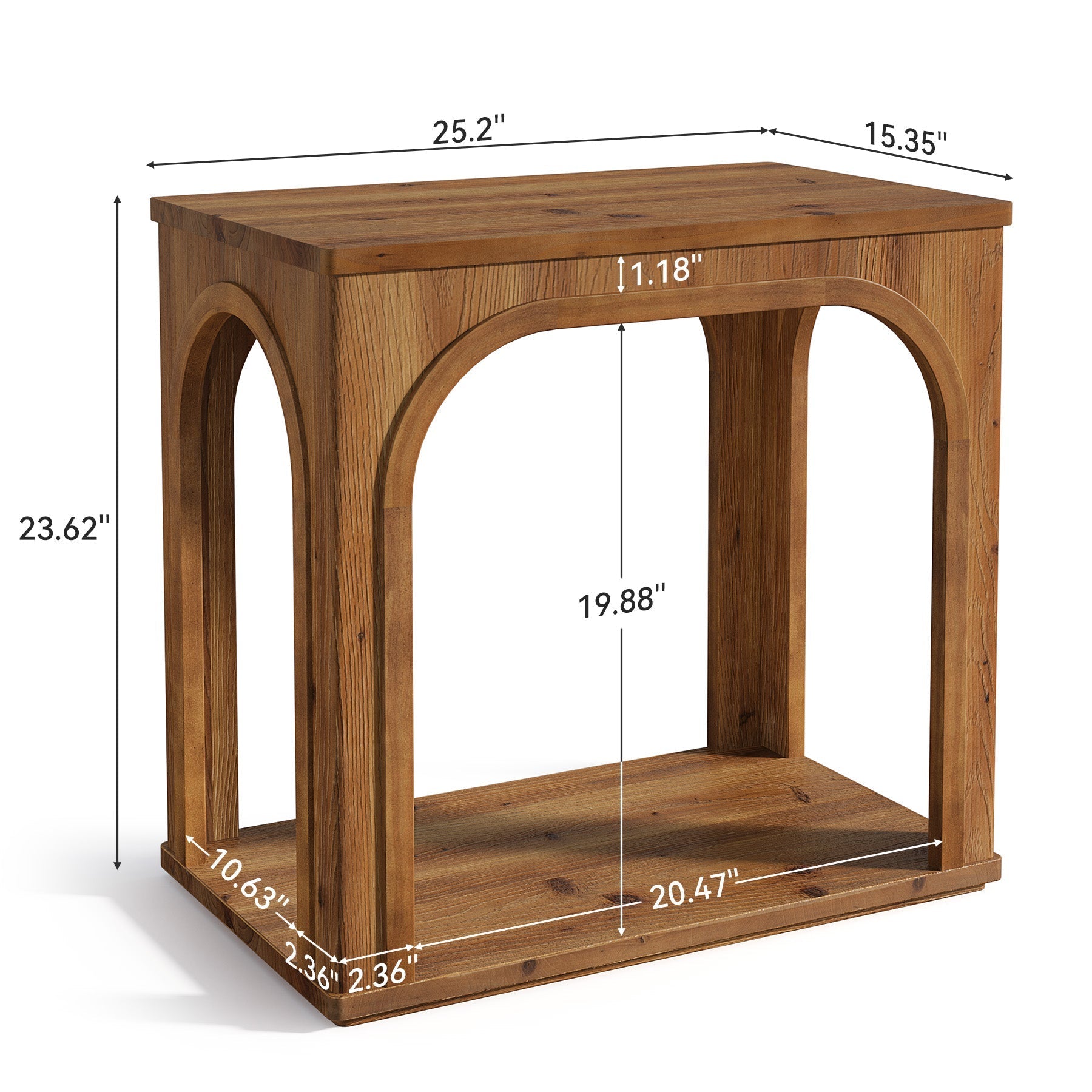 Mesita auxiliar rústica de madera maciza de 64 cm con 2 estantes
